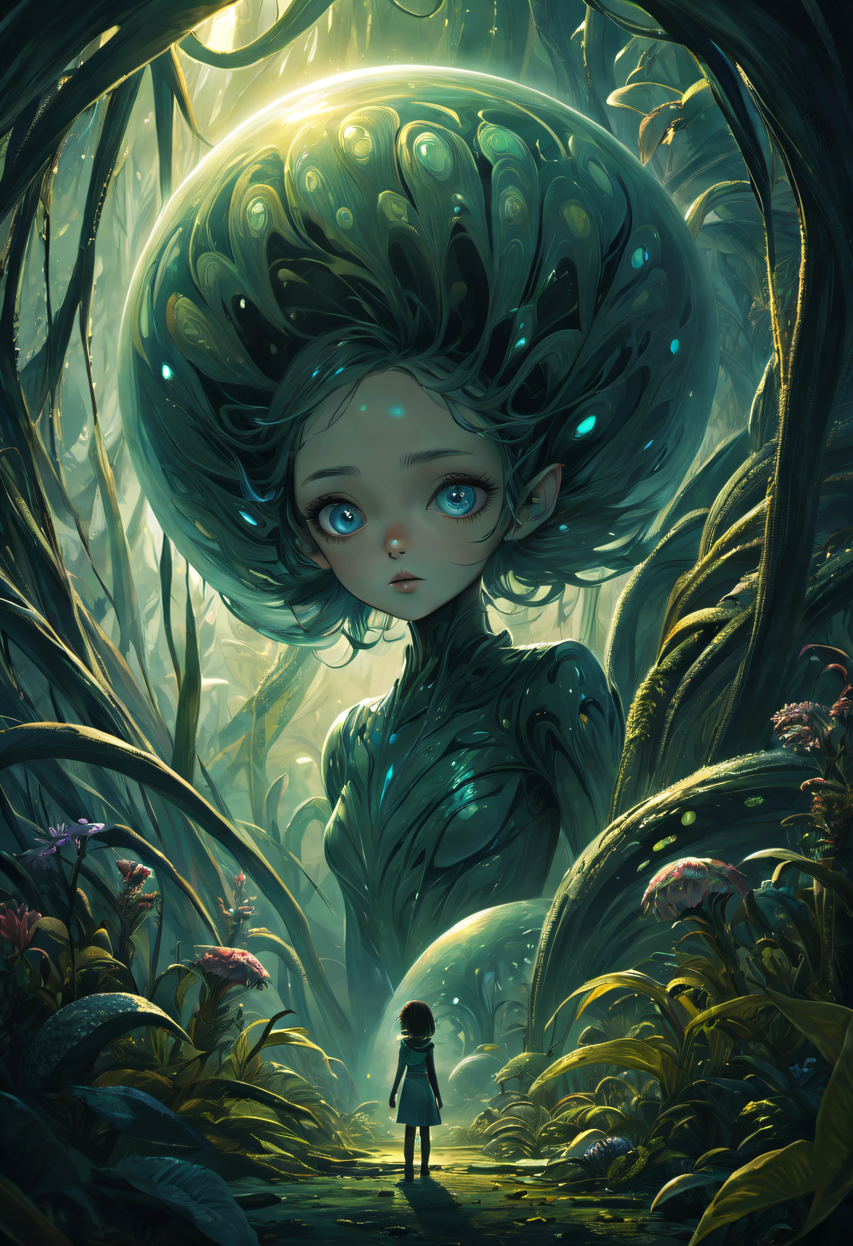 "Amidst the enigmatic surroundings of a distant planet, a girl with wide eyes explores the metallic wonders of an alien flora. The scene is an exquisite blend of the familiar and the extraterrestrial, inviting viewers to dream beyond our world.