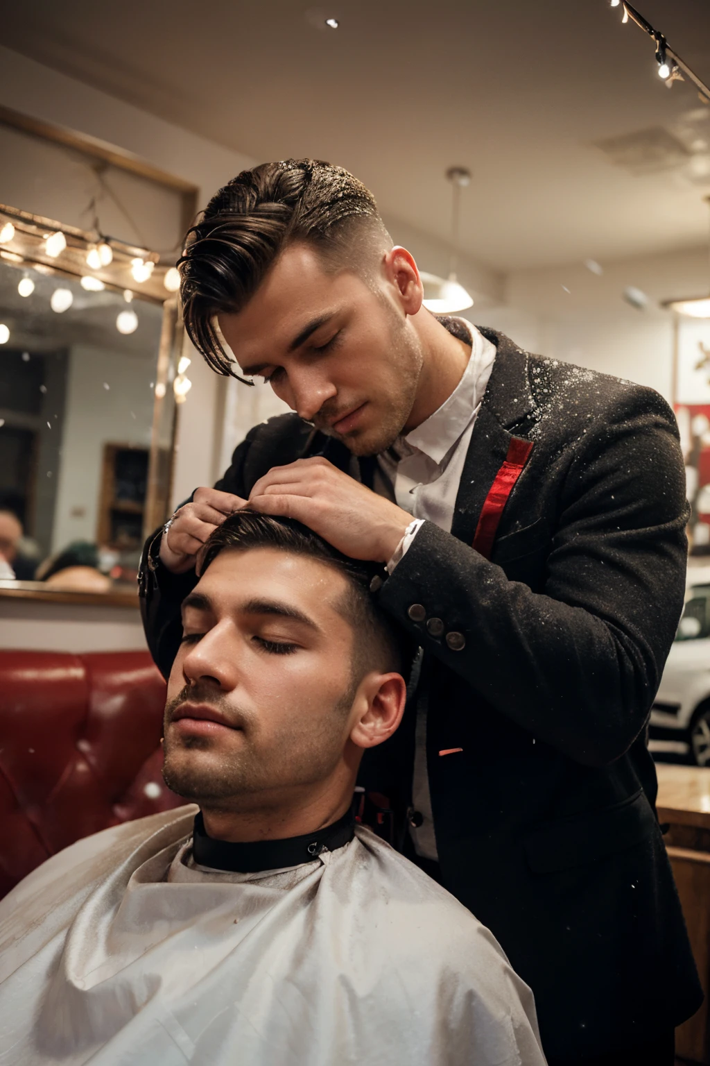 barber making modern mens cut, christmas lights inside, snowing outside, man in suit, christmas-themed barbershop, snowing outside, road outside, cars outside, red lights outside, cozy atmosphere in barbershop, precise cutting, client eyes closed, barber eyes closed, using scissors