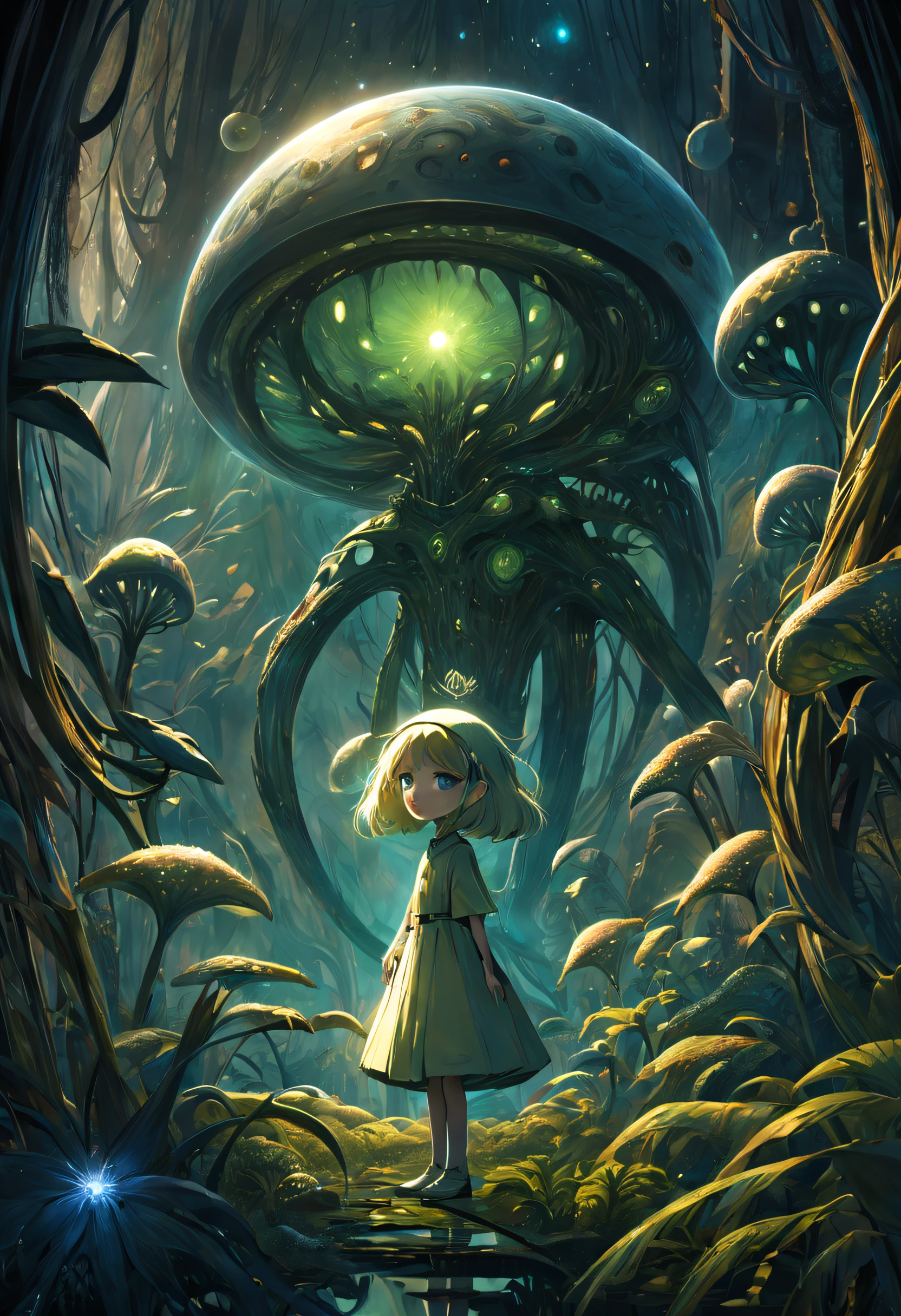 "Amidst the enigmatic surroundings of a distant planet, a girl with wide eyes explores the metallic wonders of an alien flora. The scene is an exquisite blend of the familiar and the extraterrestrial, inviting viewers to dream beyond our world.