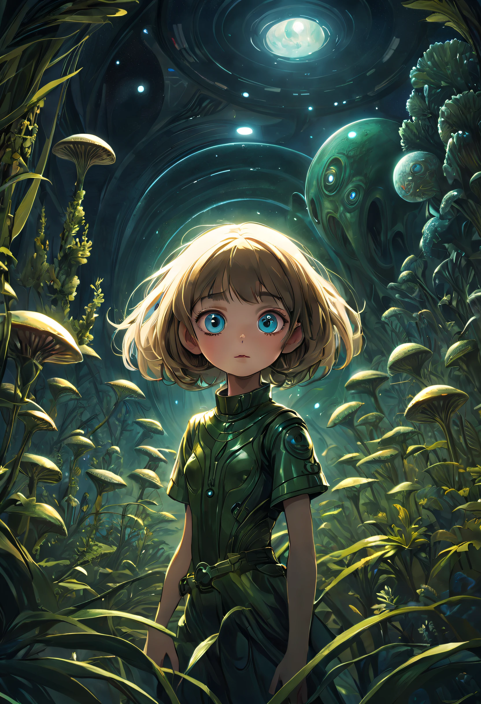 "Amidst the enigmatic surroundings of a distant planet, a girl wit? wide eyes explores the metallic wonders of an alien flora. The scene is an exquisite blend of the familiar and the extraterrestrial, inviting viewers to dream beyond our world.