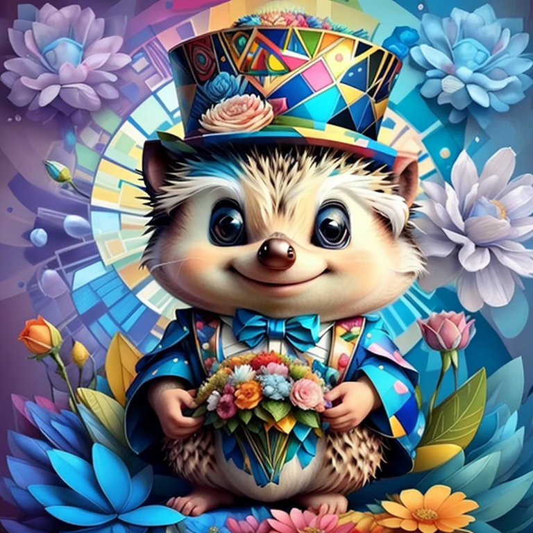 (cute baby hedgehog with blue top hat holding flowers),(melhor pose),(best angle), (better expression), Eduardo Kobra acolchoamento ,multidimensional geometric wall PORTRAIT, arte, Chibi,
Yang08k, lindo, Colouring,
Primary works, qualidade superior, melhor qualidade, Arte Oficial, Beautiful and Aesthetic, pelos coloridos,