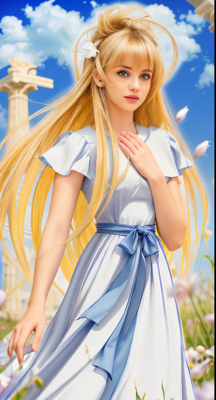 High-resolution, hyper-realistic. Masterpiece, full-body of beautiful woman about 20 years old. 1girl, greek, front view, slightly looking down, slightly side face, ((big narrowed eyes)), ((pretty beautiful face)), detailed face, delicate face, delicate nose, delicate lips, rose lips, ((perfect lips)), long blonde hair, straight hair, messy hair, ((bangs)), (loose hair)), hair blowing in the air, wearing a long white dress, ruffle collar on dress, lilac ribbon tied around the waist, ((perfect hands)), ((well done hands), ((well done fingers)), (((perfect ear))), ((greek column, blue sky, grass with flowers background)). Cinematic light.