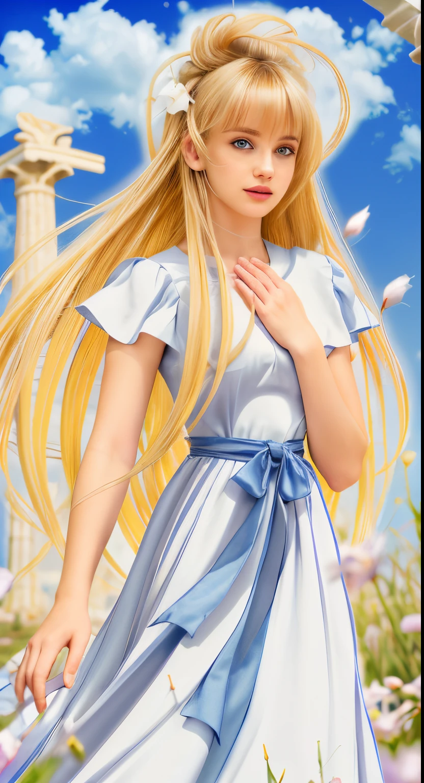 High-resolution, hyper-realistic. Masterpiece, full-body of beautiful woman about 20 years old. 1girl, greek, front view, slightly looking down, slightly side face, ((big narrowed eyes)), ((pretty beautiful face)), detailed face, delicate face, delicate nose, delicate lips, rose lips, ((perfect lips)), long blonde hair, straight hair, messy hair, ((bangs)), (loose hair)), hair blowing in the air, wearing a long white dress, ruffle collar on dress, lilac ribbon tied around the waist, ((perfect hands)), ((well done hands), ((well done fingers)), (((perfect ear))), ((greek column, blue sky, grass with flowers background)). Cinematic light.