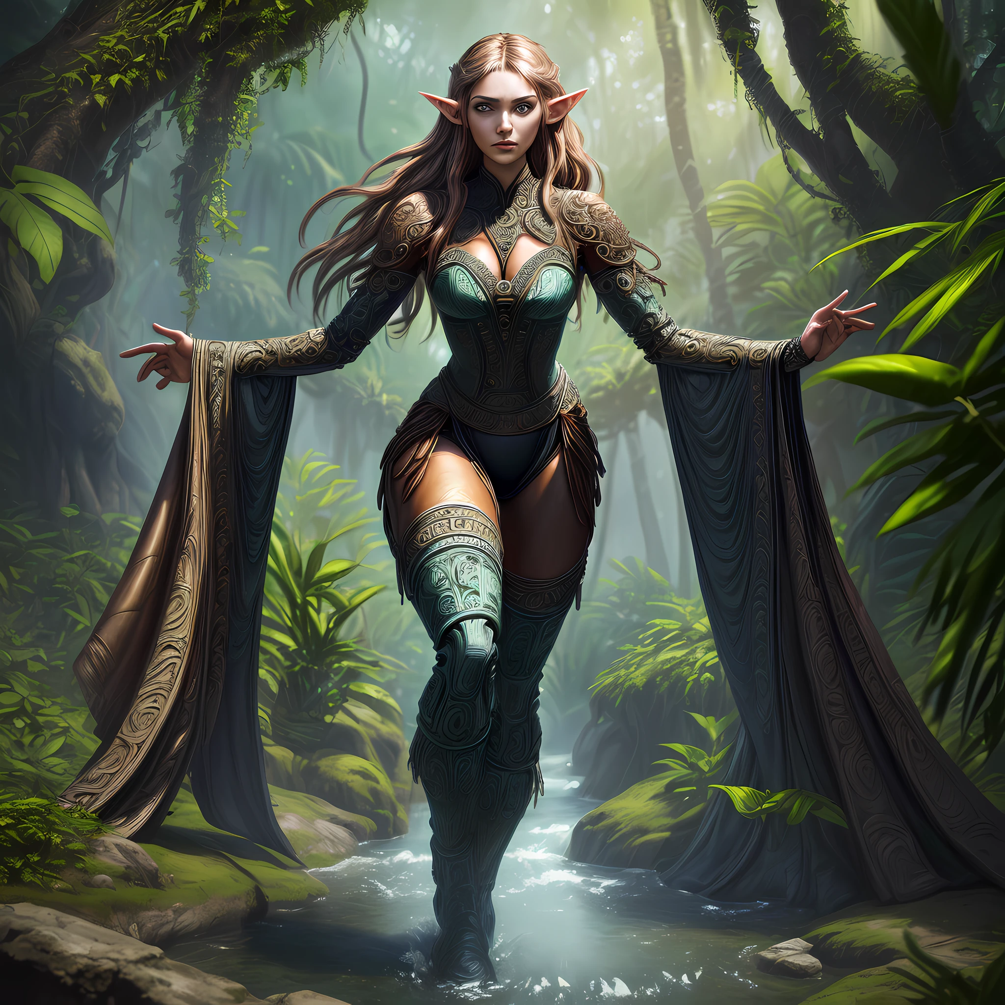 high details, best quality, 16k, [ultra detailed], masterpiece, best quality, (extremely detailed), holography, dynamic angle, ultra wide shot, RAW, photorealistic, fantasy art, realistic art, a female elf druid  (intricate details, Masterpiece, best quality: 1.5) in a jungle, a female elf wearing leather clothes  intricate details, Masterpiece, best quality: 1.4), leather boots, thick hair, long hair, brown hair, intense blue eyes, vibrant jungle (intense details), plenty of plant life, vines coming from trees,  many jungle trees (1.3 intricate details, Masterpiece, best quality), vines, a river flowing, sun light, dynamic light. dynamic angle, (intricate details, Masterpiece, best quality: 1.5) 3D rendering, high details, best quality, highres, ultra wide angle