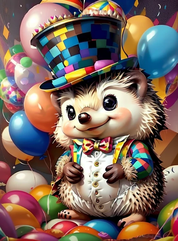 (cute baby hedgehog with top hat holding ballons),(melhor pose),(best angle), (better expression), Eduardo Kobra acolchoamento ,multidimensional geometric wall PORTRAIT, arte, Chibi,
Yang08k, lindo, Colouring,
Primary works, qualidade superior, melhor qualidade, Arte Oficial, Beautiful and Aesthetic, pelos coloridos,