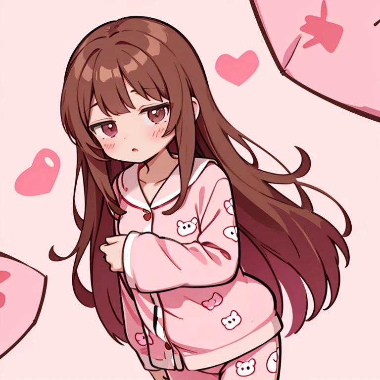 standing straight, looking at the camera, she has long brown hair and she is in a pink hello kitty pajama