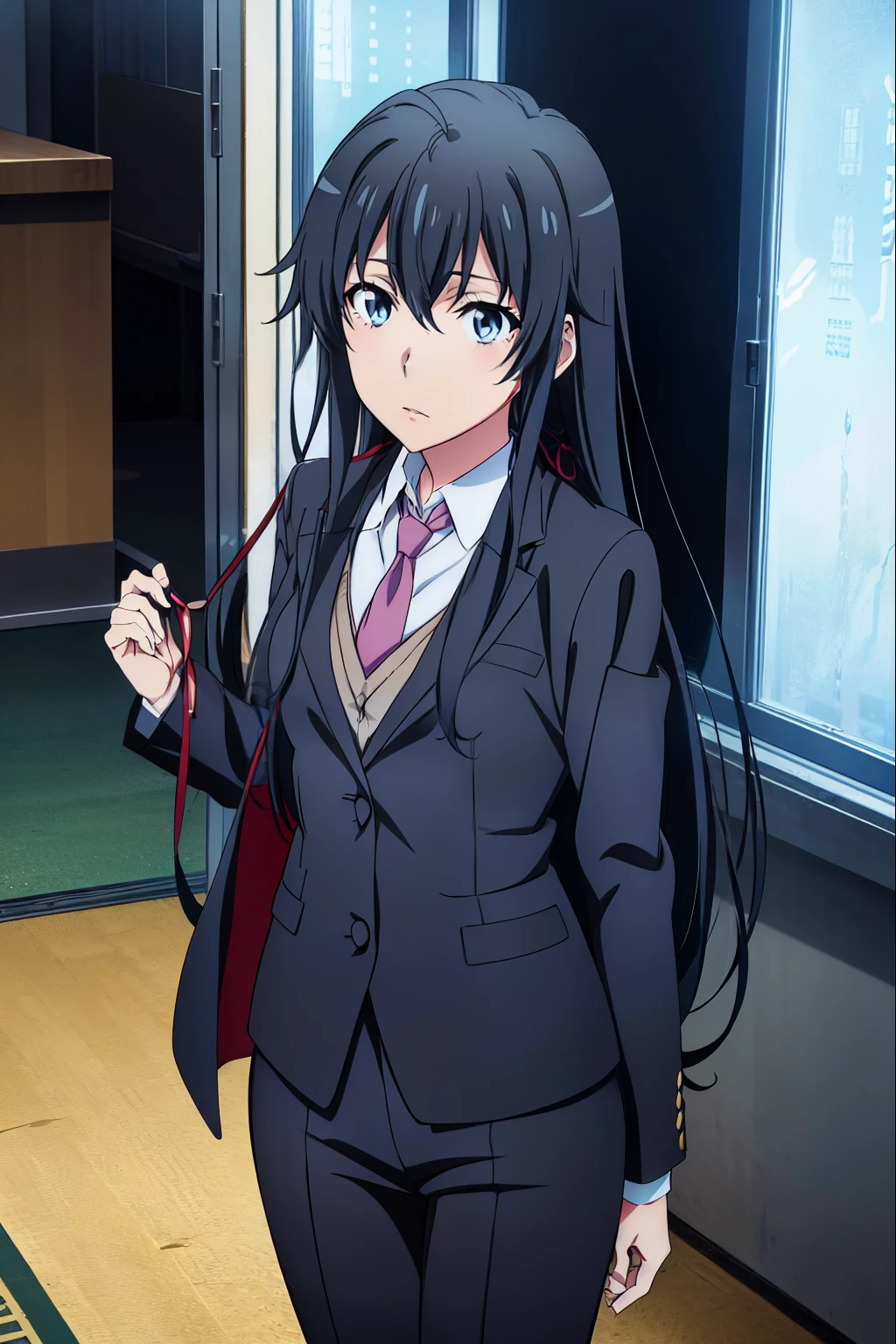 anime yukinoshita yukino in a suit and tie standing in front of a window, anime moe artstyle, smooth anime cg art, official character art, beautiful anime high school girl,  fanart, , official art, anime visual of a cute girl, attractive anime girl, high detailed official artwork, visual novel key visual, painted in anime painter studio