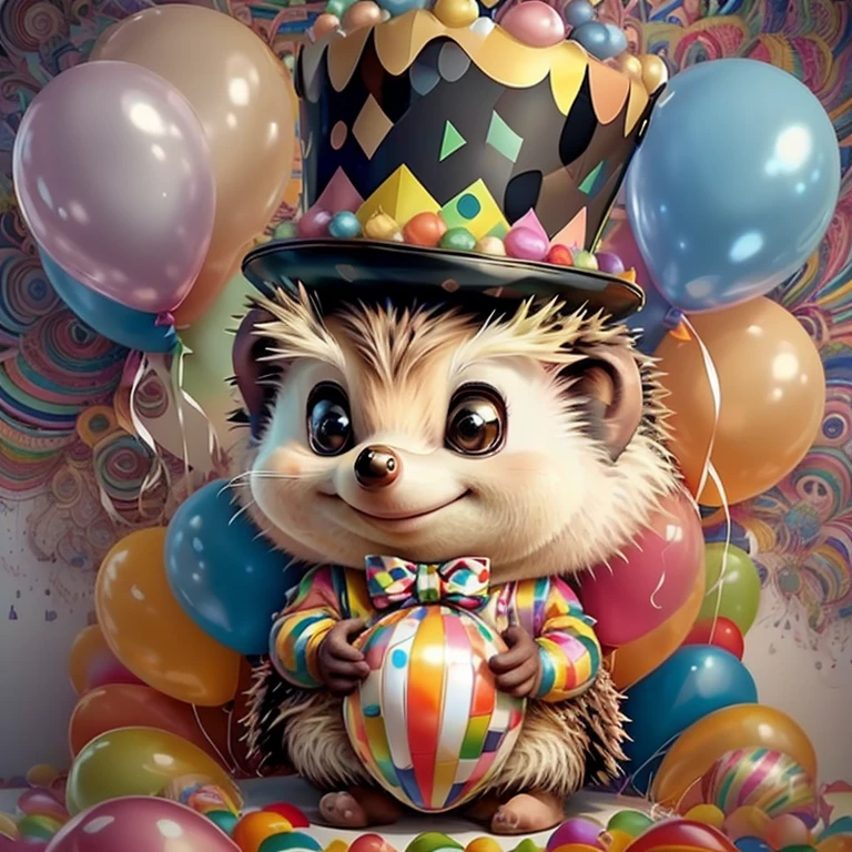 (cute baby hedgehog with top hat holding ballons),(melhor pose),(best angle), (better expression), Eduardo Kobra acolchoamento ,multidimensional geometric wall PORTRAIT, arte, Chibi,
Yang08k, lindo, Colouring,
Primary works, qualidade superior, melhor qualidade, Arte Oficial, Beautiful and Aesthetic, pelos coloridos,