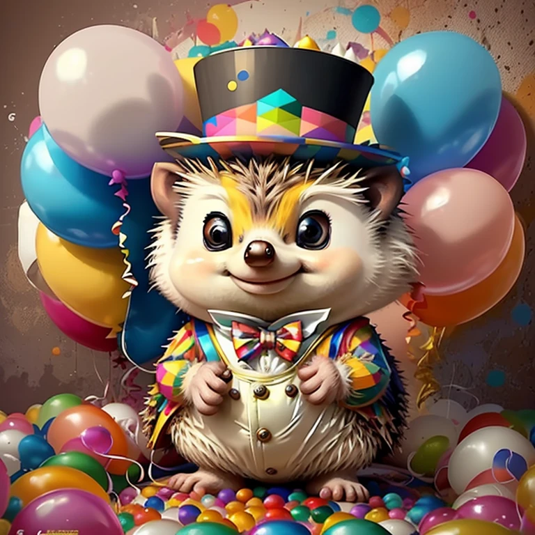 (cute baby hedgehog with top hat holding ballons),(melhor pose),(best angle), (better expression), Eduardo Kobra acolchoamento ,multidimensional geometric wall PORTRAIT, arte, Chibi,
Yang08k, lindo, Colouring,
Primary works, qualidade superior, melhor qualidade, Arte Oficial, Beautiful and Aesthetic, pelos coloridos,
