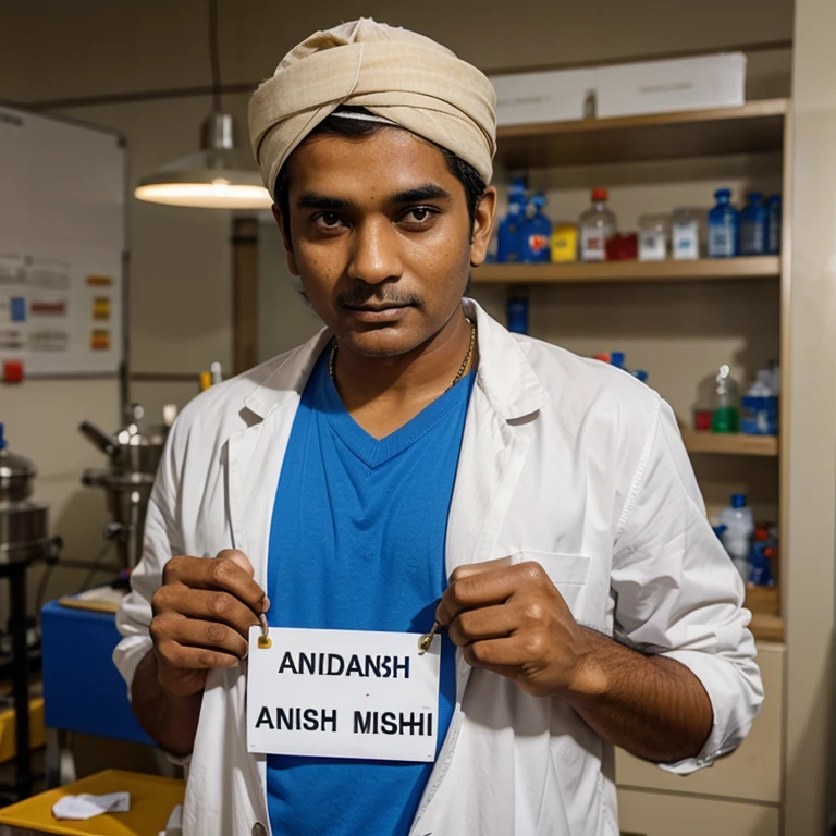 indian man with a name tag that says “Anish” doing chemistry