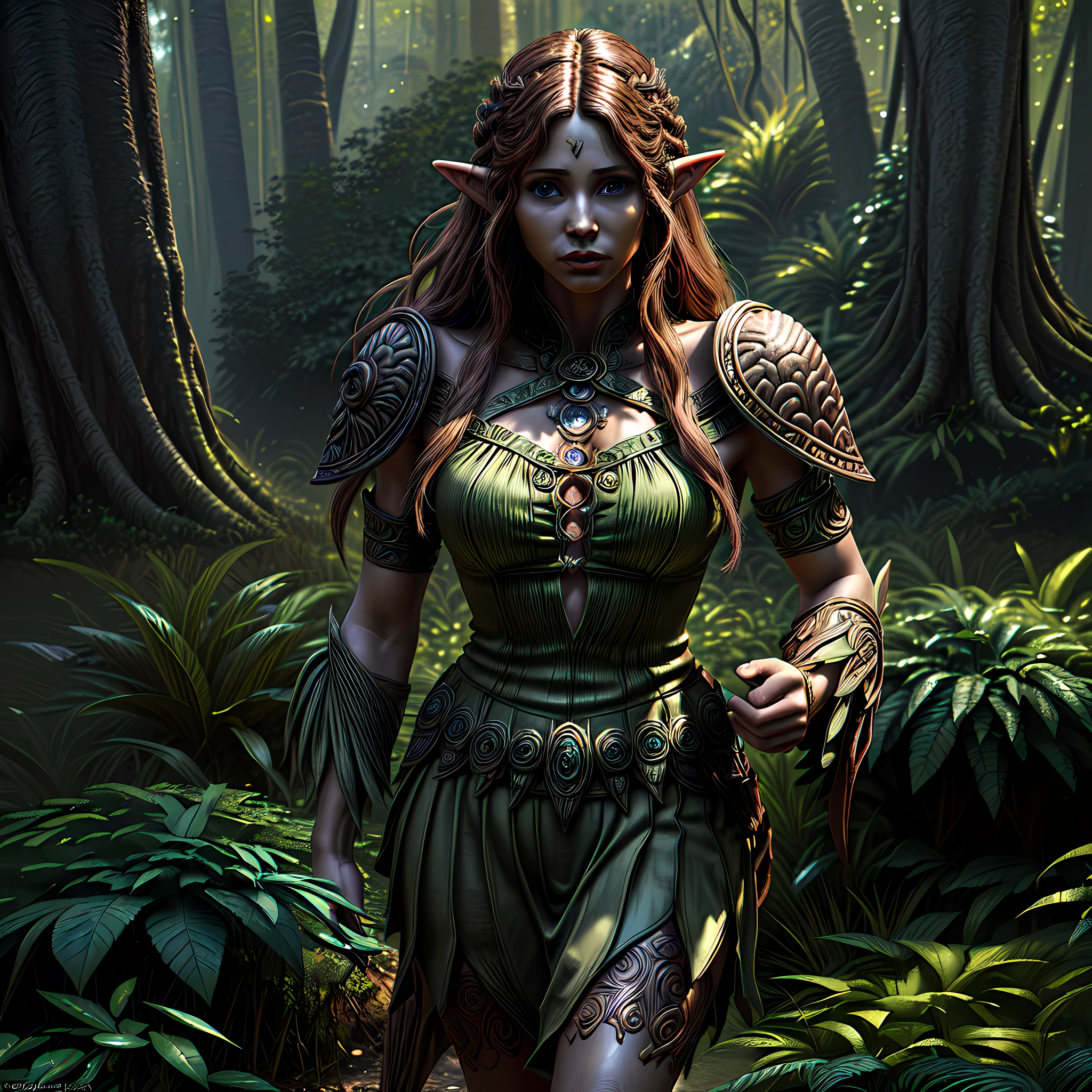 high details, best quality, 16k, [ultra detailed], masterpiece, best quality, (extremely detailed), gl0w1ngR, dynamic angle, ultra wide shot, RAW, photorealistic, fantasy art, realistic art, a female elf druid  (intricate details, Masterpiece, best quality: 1.5) in a jungle, a female elf wearing leather clothes  intricate details, Masterpiece, best quality: 1.4), leather boots, thick hair, long hair, brown hair, intense blue eyes, vibrant jungle (intense details), plenty of plant life, vines coming from trees,  many jungle trees (1.3 intricate details, Masterpiece, best quality), vines, a river flowing, sun light, dynamic light. dynamic angle, (intricate details, Masterpiece, best quality: 1.5) 3D rendering, high details, best quality, highres, ultra wide angle, zrpgstyle