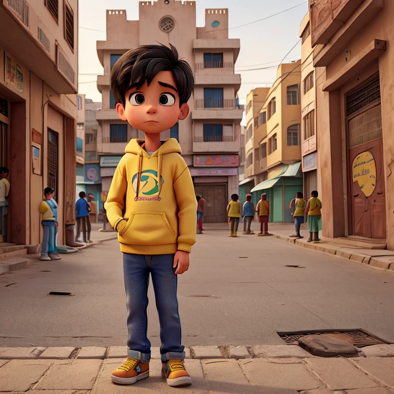 wearing a yellow sweatshirt and jeans, standing on the sidewalk on a street of Lahore, Pakistan. He is looking at other kids play far away. loneliness in his eyes. . The boy remains motionless, dreaming to play with those kids someday