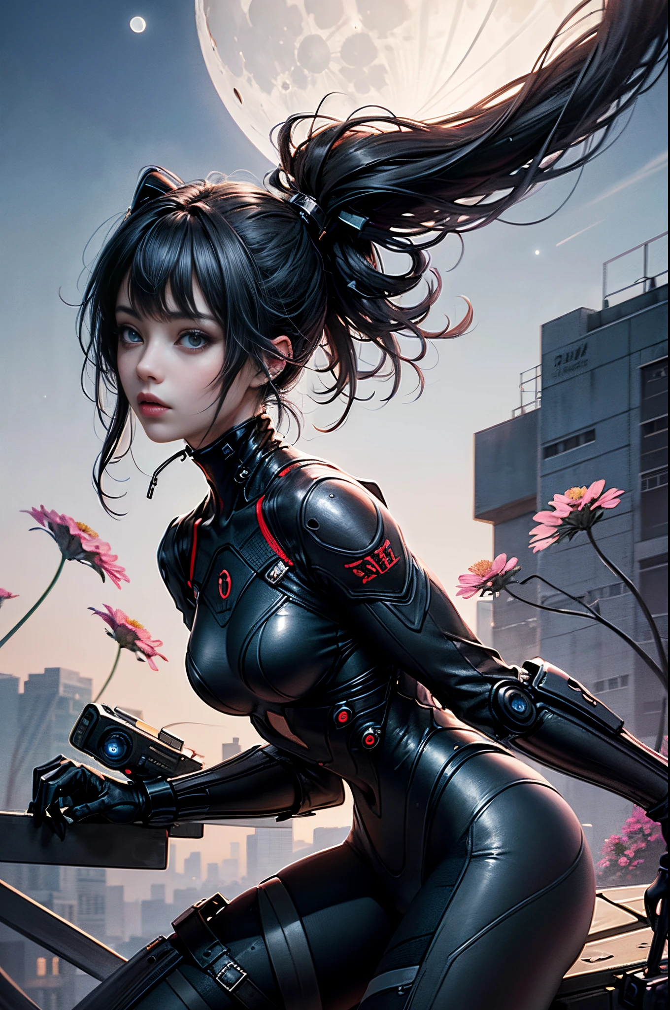 ((masterpiece, Highest quality, High resolution, Realistic, born, 8k wallpaper)), (Huge and stunning goddess shot, Very hot and sexy, Amazing beauty, Perfect Proportions, Beautiful body, Slim body beauty: 1.4), Back view of a woman Stand on top of a skyscraper, Special forces members waiting for the signal to enter, Stand on top of a skyscraper, Wearing a tight pilot suit and bulletproof vest, Black bodysuit, Standing on the roof, Overlooking the modern city, Walk over a small city, mirror's edge in russia, City rooftops.