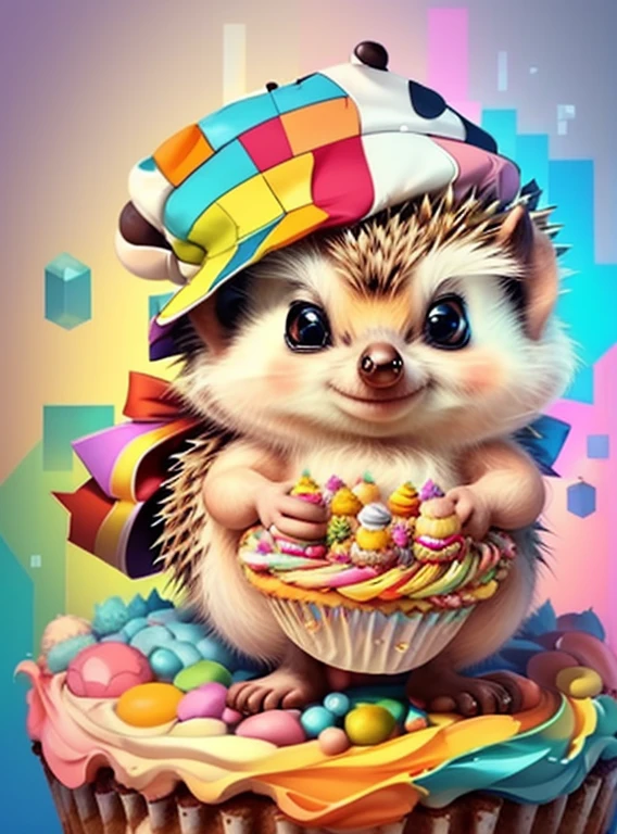 (cute baby hedgehog with hat, a bow and lots cupcakes),(melhor pose),(best angle), (better expression), Eduardo Kobra acolchoamento ,multidimensional geometric wall PORTRAIT, arte, Chibi,
Yang08k, lindo, Colouring,
Primary works, qualidade superior, melhor qualidade, Arte Oficial, Beautiful and Aesthetic, pelos coloridos,