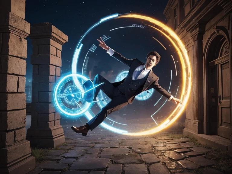 1 guy, suit, falling through a portal, portal is a time traveling clock, portal looks like a clock, primal old town 2000 B.C. (a guy falling from a time traveling portal, he time traveled to 2000 B.C)