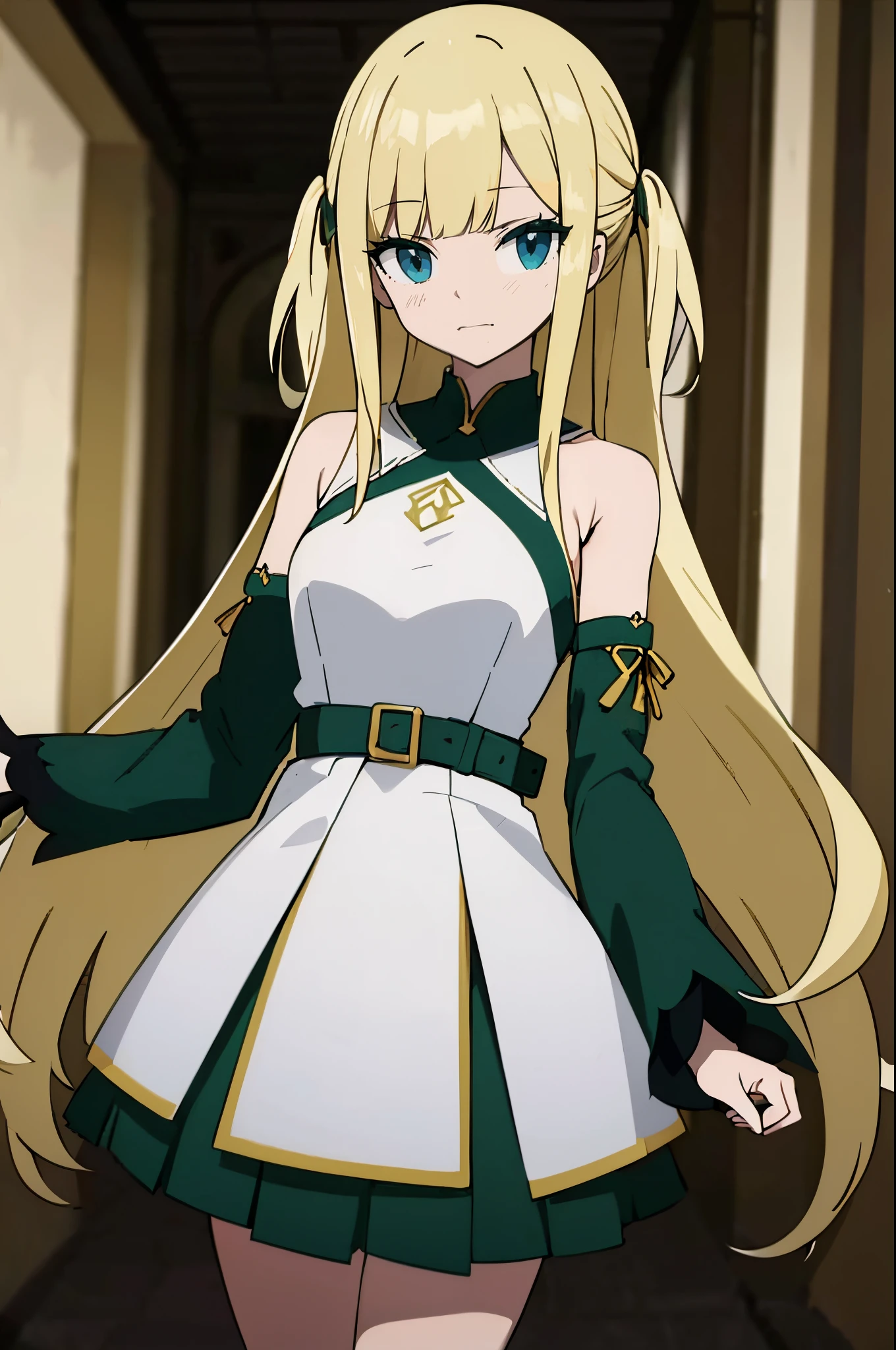 Safe for work, masterpiece, best quality, solo, 1 girl, wholesome girl, (young female body:1.4), ( medium small breasts), cowboy shot, shy, yellow hair, extra long blonde hair, hime cut, blunt bangs, light blue eyes, good details, indoors hallway, griffin style clothes, dark green skirt, knife pleated green skirt, black sleeveles top, black top, belt, blunt bangs, very long hair, medium long skirt, slytherin green skirt, fantasy clothes, detached sleeves, white knee high socks, green clothes, long oversized sleeves, cape, black cape