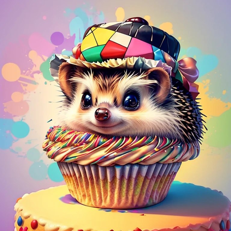 (ute baby hedgehog with hat, a bow and lots cupcakes),(melhor pose),(best angle), (better expression), Eduardo Kobra acolchoamento ,multidimensional geometric wall PORTRAIT, arte, Chibi,
Yang08k, lindo, Colouring,
Primary works, qualidade superior, melhor qualidade, Arte Oficial, Beautiful and Aesthetic, pelos coloridos,