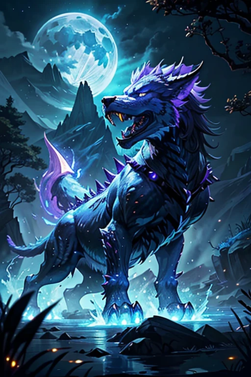 Strange monsters in a fantasy world，saber-toothed wolf，long canine teeth，Strong limbs，Covered in blue flames，Covered with thick spikes，Moon Night，Purple lightning，lake，Highly detailed and ultra-realistic visuals，Elemental Magic AI，Elemental Magic AI，
Mountain and Sea Sutra ，