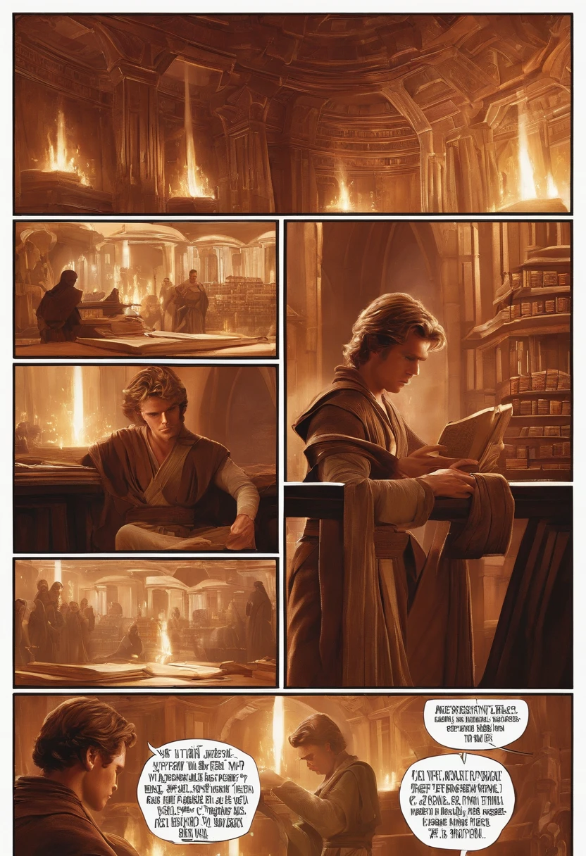 Anakin is sitting in the Jedi Temple library, engrossed in ancient texts and holocrons, his brow furrowed in intense concentration.,Star Wars: Episode II - Attack of the Clones,Anakin Skywalker, male