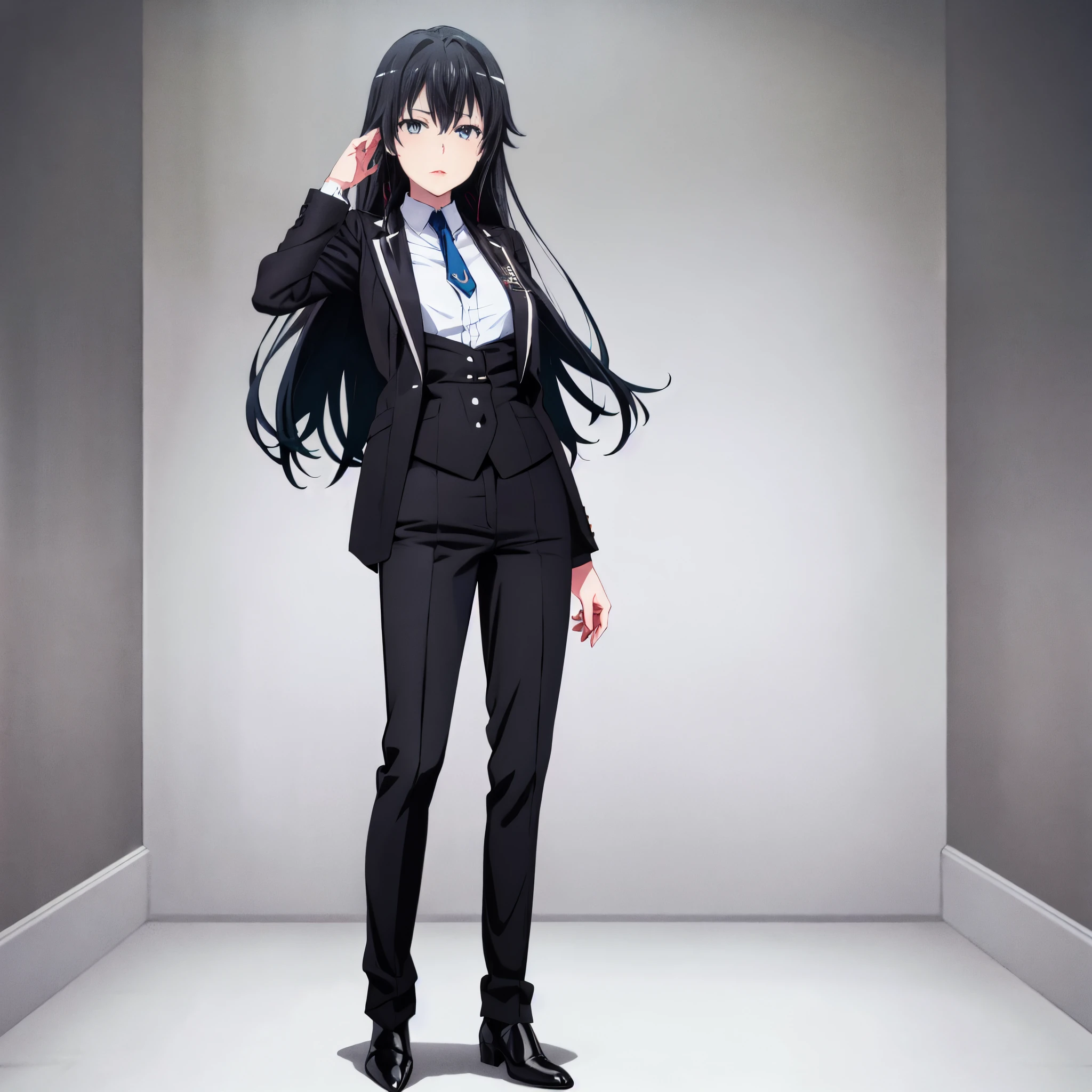 1girl, Illustration of a girl, yukinoshita yukino, view wears a tuxedo tailcoat, standing, ((Anime)) 8k colerfullThe prompt for the given theme would be: "(Best quality, 4k, 8k, highres, masterpiece:1.2), ultra-detailed, anime colored, badass female with a blue necktie, black hair, red ribbon, buttoned shirt, white pants, and black tailcoat