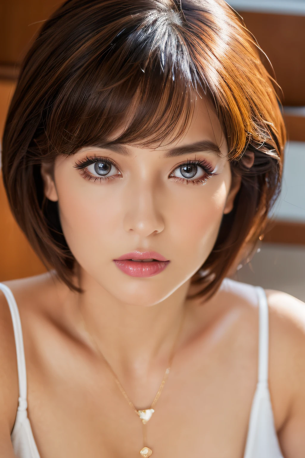 (top-quality,8K,​masterpiece),Woman posing naked,Very beautiful face,(face perfect,Crisp eyes,Detailed lips,lipgloss),40 years,Solid makeup,Colossal tits,Colossal tits,Bullish gaze,so short hair,Depicts genitals,