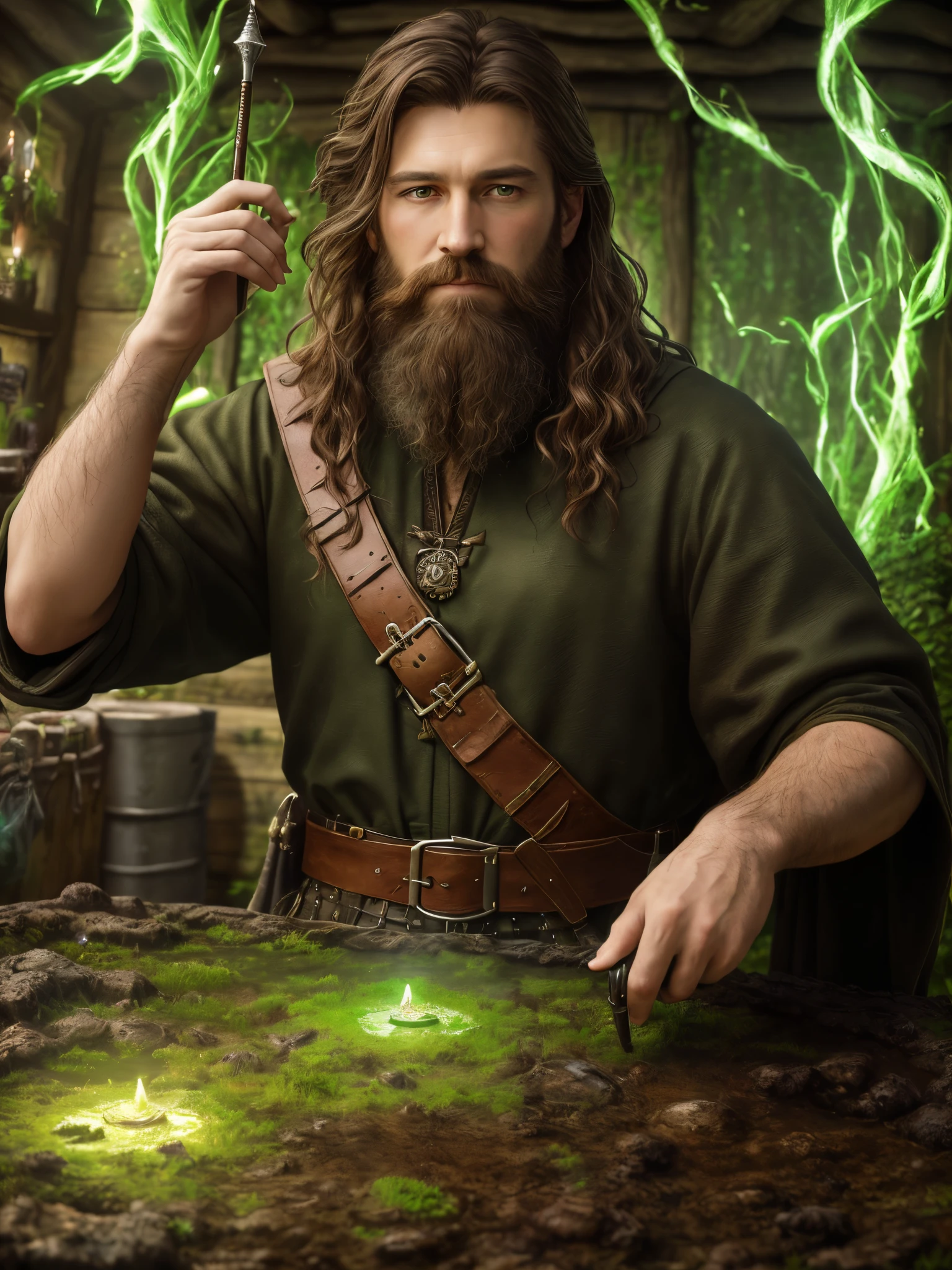 (Tag: best quality,8K,high resolution,masterpiece:1.2),realistic oil painting, character portrait, medieval magical Druid, central European, with short and stubby brown hair and long beard, leather clothing, living in mud hut, swampy background, using magic, casting a spell with right hand (green glow), haus auf stelzen, ureinwohner
