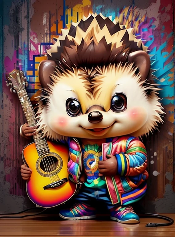 (cute baby hedgehog with leather jacket and a guitar),(melhor pose),(best angle), (better expression), Eduardo Kobra acolchoamento ,multidimensional geometric wall PORTRAIT, arte, Chibi,
Yang08k, lindo, Colouring,
Primary works, qualidade superior, melhor qualidade, Arte Oficial, Beautiful and Aesthetic, pelos coloridos,