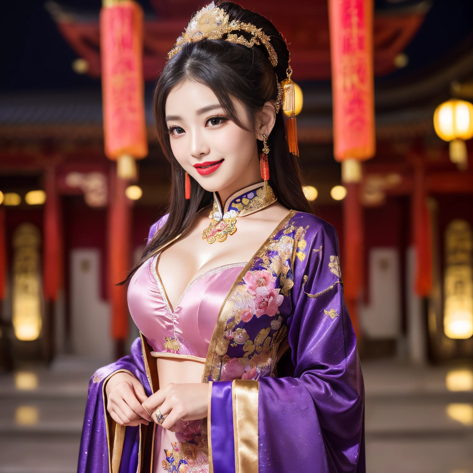 ((top-quality、masutepiece、8K、Top image quality、Highly complex and detailed depictions))、(the most gorgeous chinese goddess:1.5)、Chinese garrison house at night、((The most gorgeous prostitution goddess huge costume、the most vivid and luxurious costumes、big long costume、The most luxurious and huge garrison、Gito is unbelievably beautiful、purple and pink garrison、It is depicted against the background of a huge and luxurious garrison......、Huge Guru House at midnight、Very complex decoration、very clear garrison))、(View me、Bewitching smile、Perfect makeup、long eyelashes、lipsticks、Pink eyeshadows、perfect anatomia、Biggest smile)、(Clear background of huge garrison:1.3)、(Depth of field is deep:1.3)
