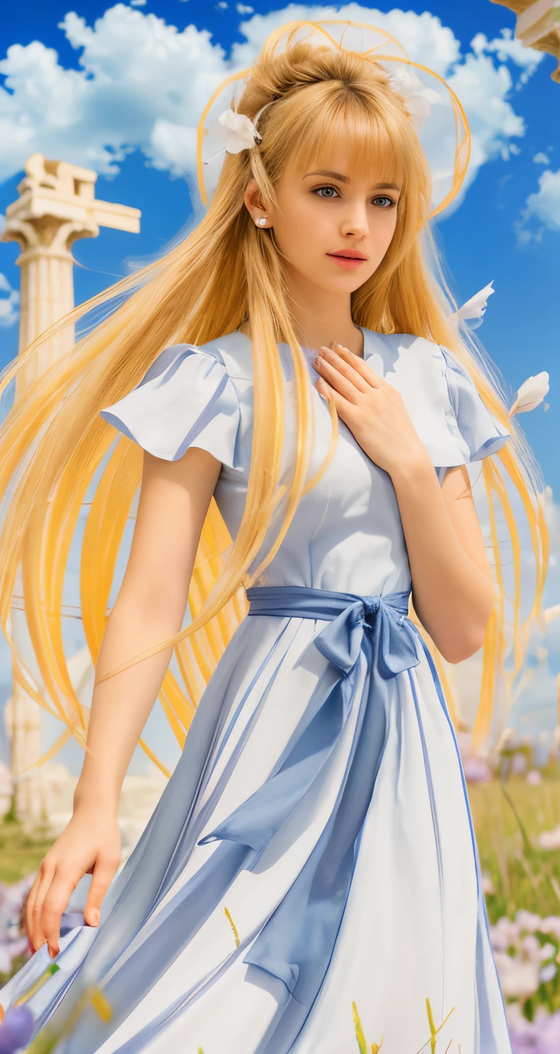 High-resolution, hyper-realistic. Masterpiece, full-body of beautiful woman about 20 years old. 1girl, greek, front view, slightly looking down, slightly side face, ((big narrowed eyes)), ((pretty beautiful face)), detailed face, delicate face, delicate nose, delicate lips, rose lips, ((perfect lips)), long blonde hair, straight hair, messy hair, ((bangs)), (loose hair)), hair blowing in the air, wearing a long white dress, ruffle collar on dress, lilac ribbon tied around the waist, ((perfect hands)), ((well done hands), ((well done fingers)), (((perfect ear))), ((greek column, blue sky, grass with flowers background)). Cinematic light.