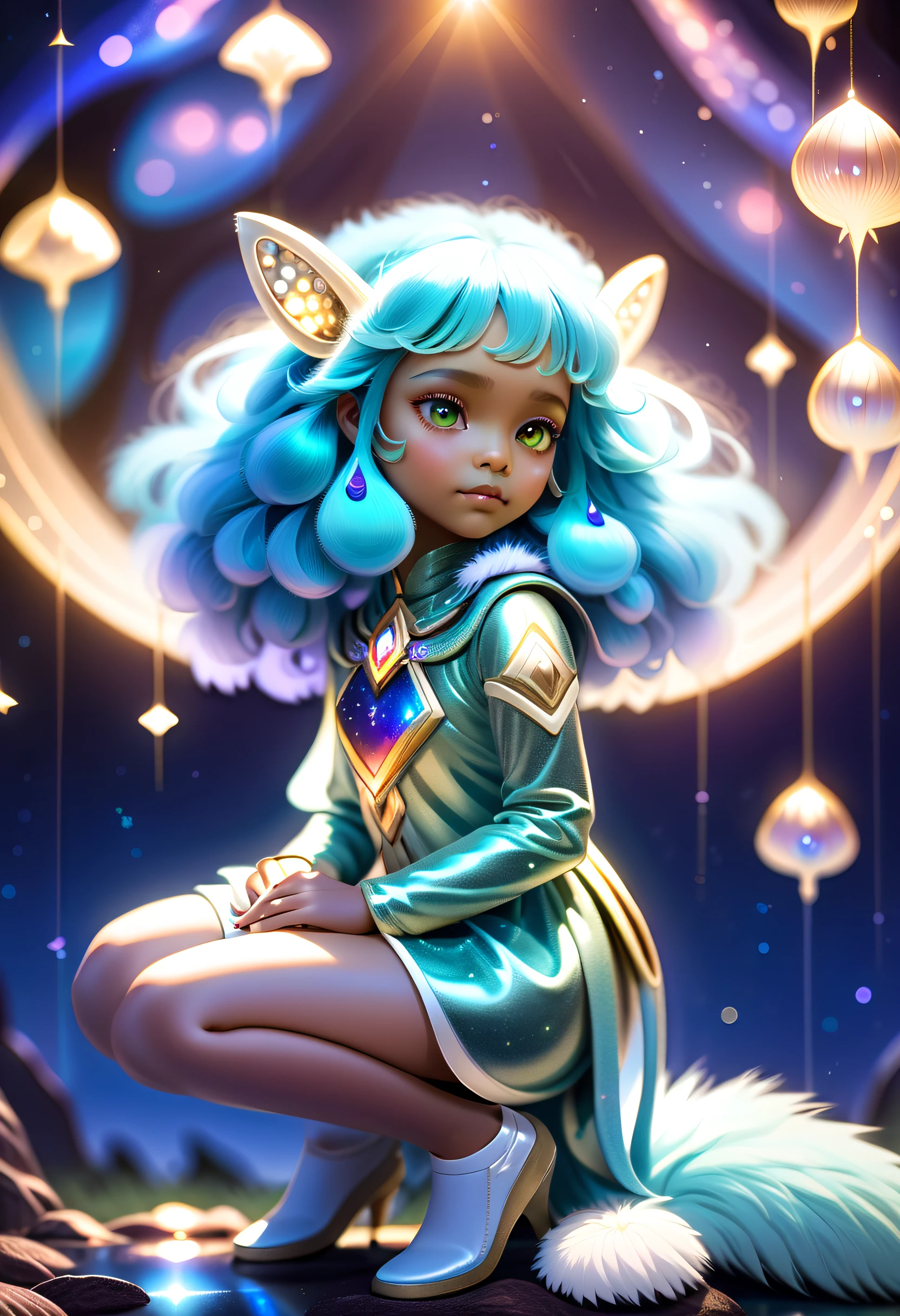 "Young Girl from the stars, (shimmering fur), celestial antennae, shell of wonder, planetary dreamscape, (cosmic enchantment), surreal artistry, vibrant and alien palette",kneeling, wide shot, f/1.8, bokeh