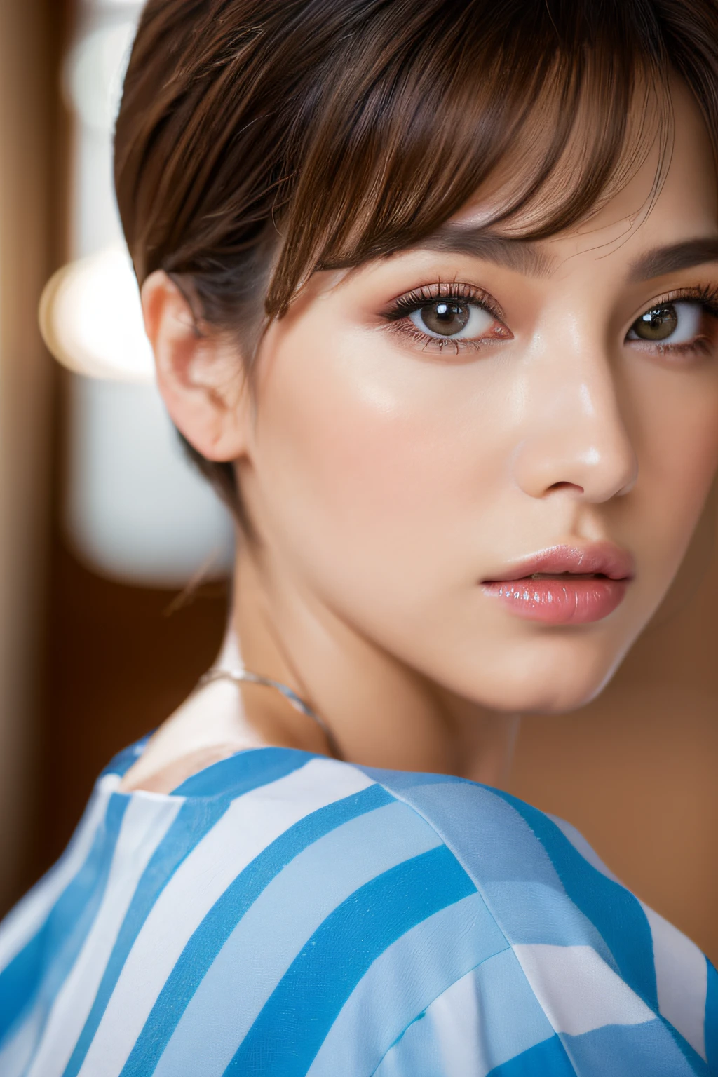 (top-quality,8K,masterpiece),全裸の女性,Very beautiful face,(face perfect,Crisp eyes,Detailed lips,lipgloss),40 years,Solid makeup,Colossal tits,Colossal tits,Bullish gaze,so short hair,Depicts genitals,