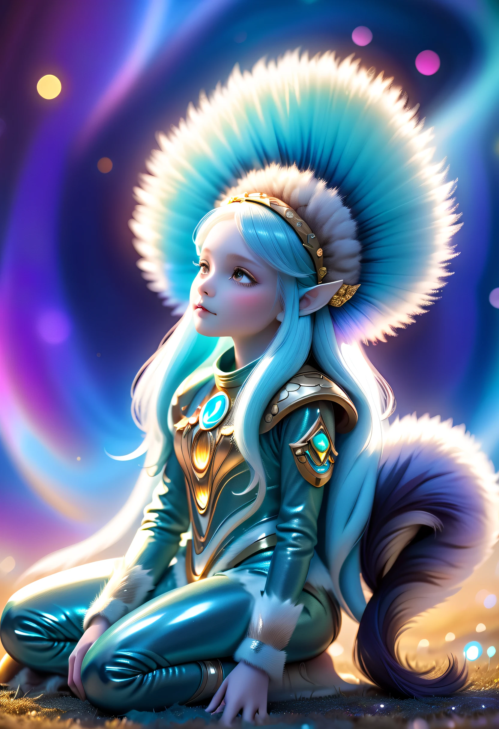"Young Girl from the stars, (shimmering fur), celestial antennae, shell of wonder, planetary dreamscape, (cosmic enchantment), surreal artistry, vibrant and alien palette",kneeling, wide shot, f/1.8, bokeh
