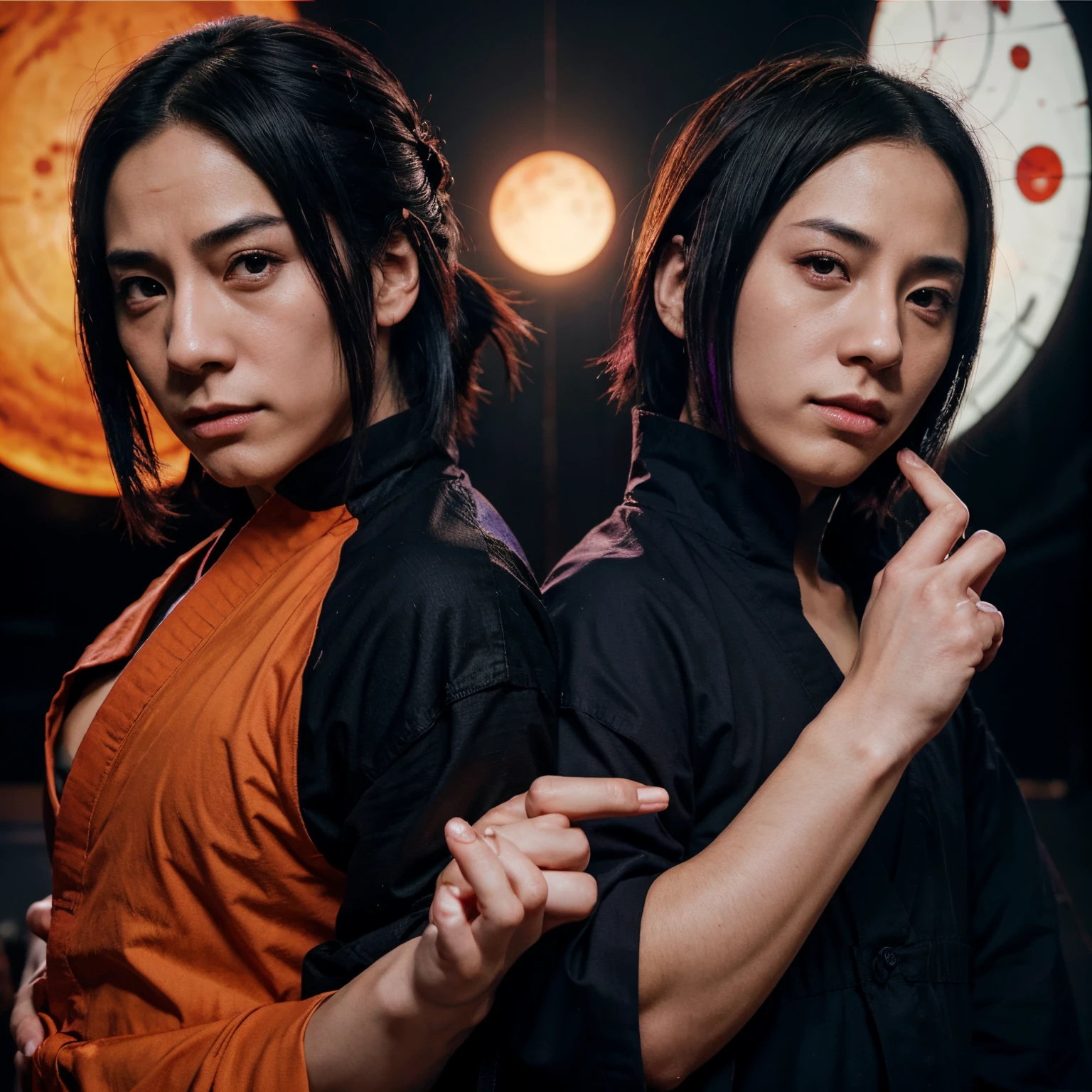 Itachi from Naruto and gojo from jujutsu kaisen back to back. Itachi has the red sun tsukiomi on his finger and gojo has purple limitless on his finger. The colors should create a bright contrast to the dark back ground.