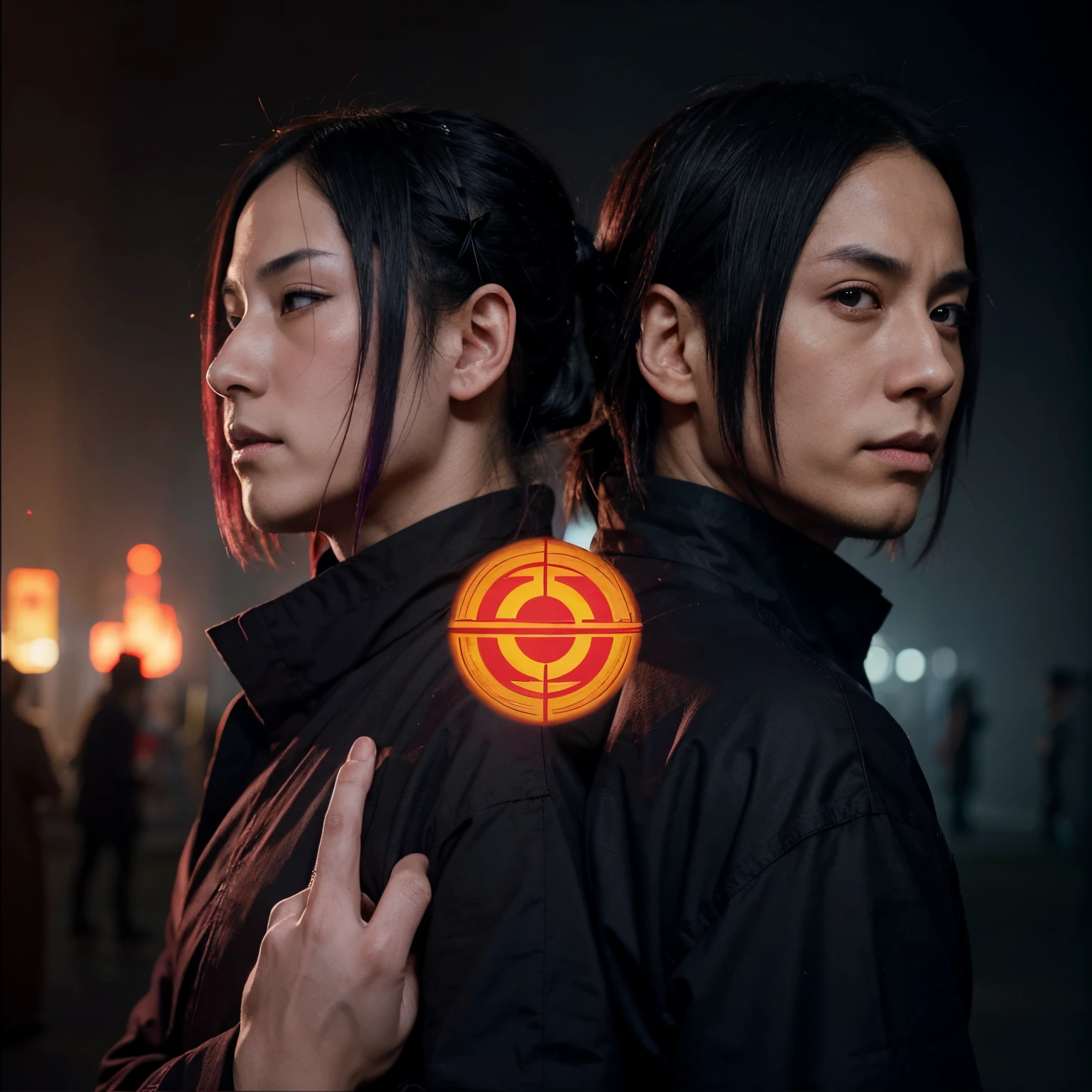 Itachi from Naruto and gojo from jujutsu kaisen back to back. Itachi has the red sun tsukiomi on his finger and gojo has purple limitless on his finger. The colors should create a bright contrast to the dark back ground.
