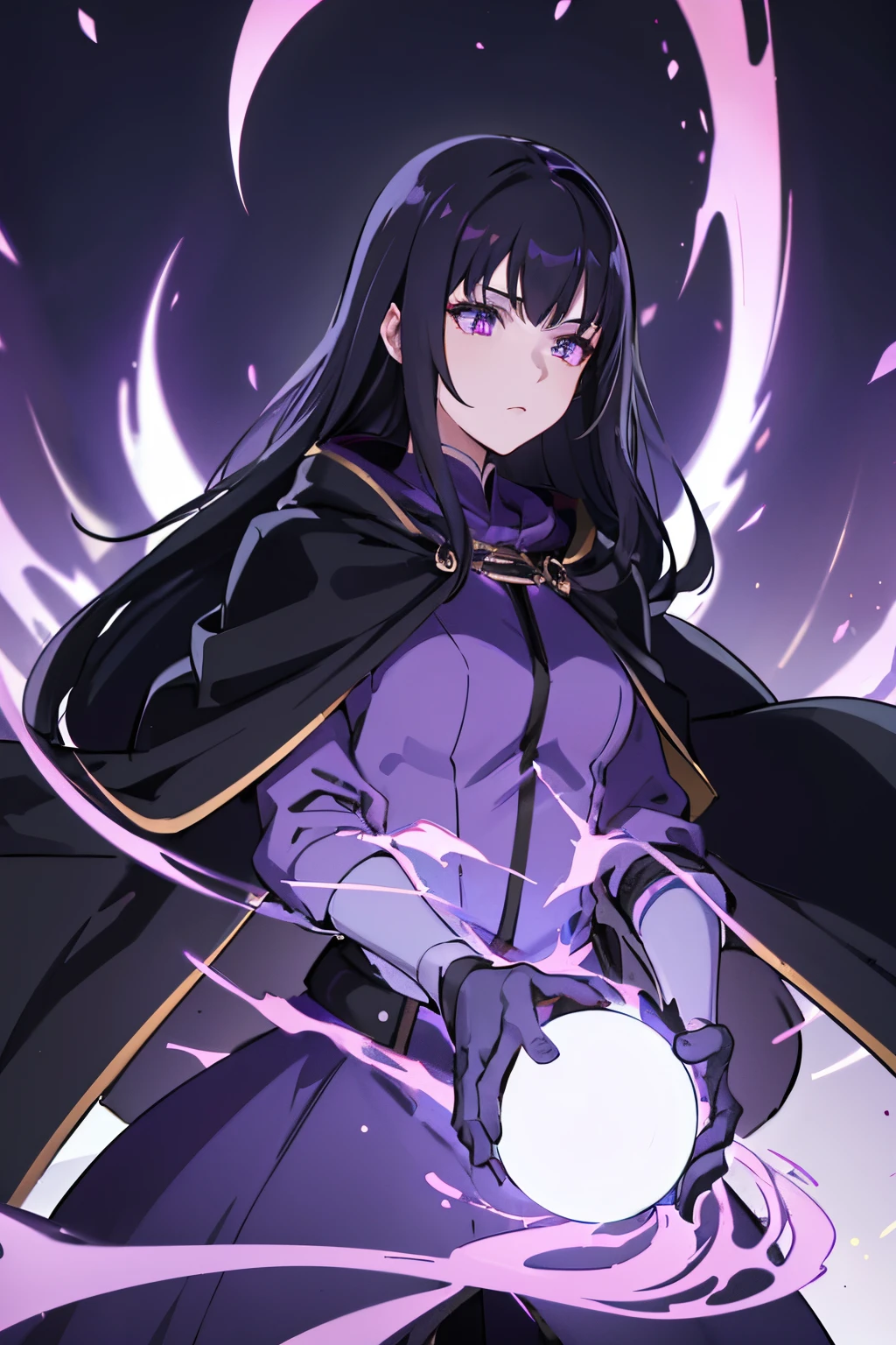 (best quality, high resolution), ultra-detailed, woman, young, 19 years old, long flowing black hair, snow white skin, calm, emotionless eyes, glowing purple eyes, long black uniform, black hooded cape, ball of purple energy floating in hand. purple light background