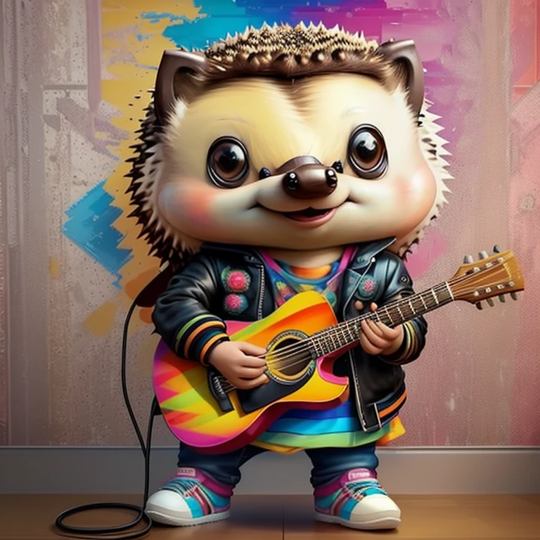 (cute baby hedgehog with leather jacket and a guitar),(melhor pose),(best angle), (better expression), Eduardo Kobra acolchoamento ,multidimensional geometric wall PORTRAIT, arte, Chibi,
Yang08k, lindo, Colouring,
Primary works, qualidade superior, melhor qualidade, Arte Oficial, Beautiful and Aesthetic, pelos coloridos,