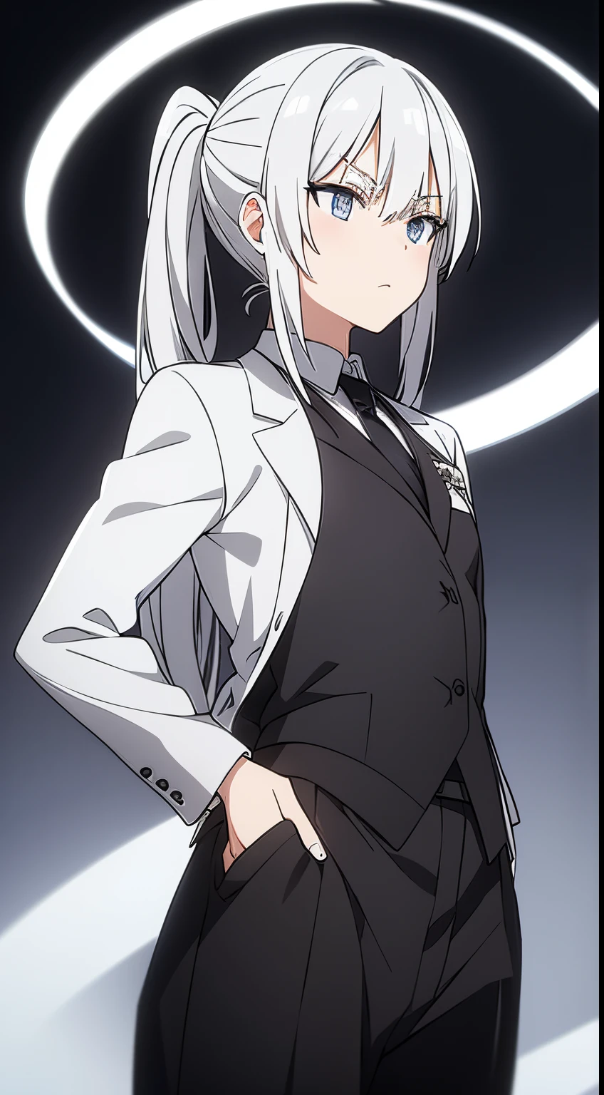 White hair, pony tail, black suit with shirt, white hair, silver right eye, gold left eye, anime girl, grey gloves, clothing ornaments, name tag, full body, military ornaments, small chest, grey background, black tie