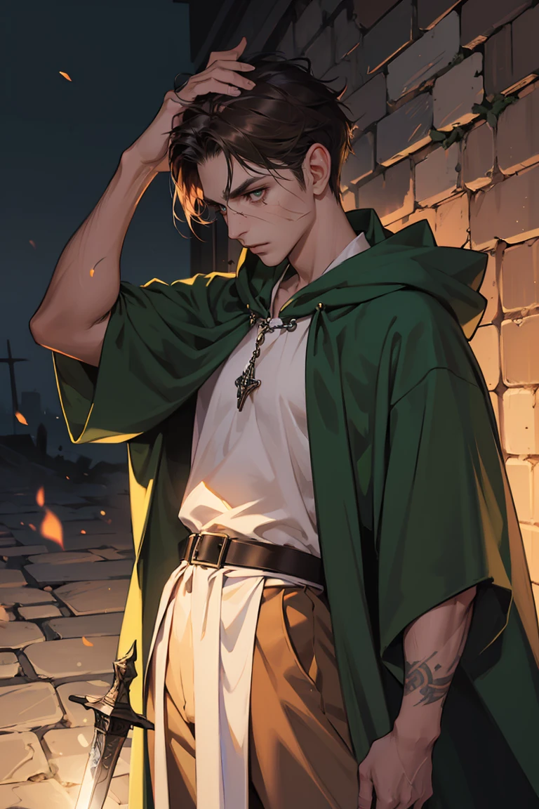 the hobbit, 1 guy, grown up, 独奏, Short Hair Hair, pixie cut, cloak, (a hood on his head)) Coiling hair, light skin, medieval, adventurer, Fantasy, chocolate  hair, dark green cloak, brown eye, grimm, A large scar on his cheek, Sword on the belt, White rosary on hand, (Scars), Lots of shadows, Dark colors, brown pants, white  shirt, Depth of field