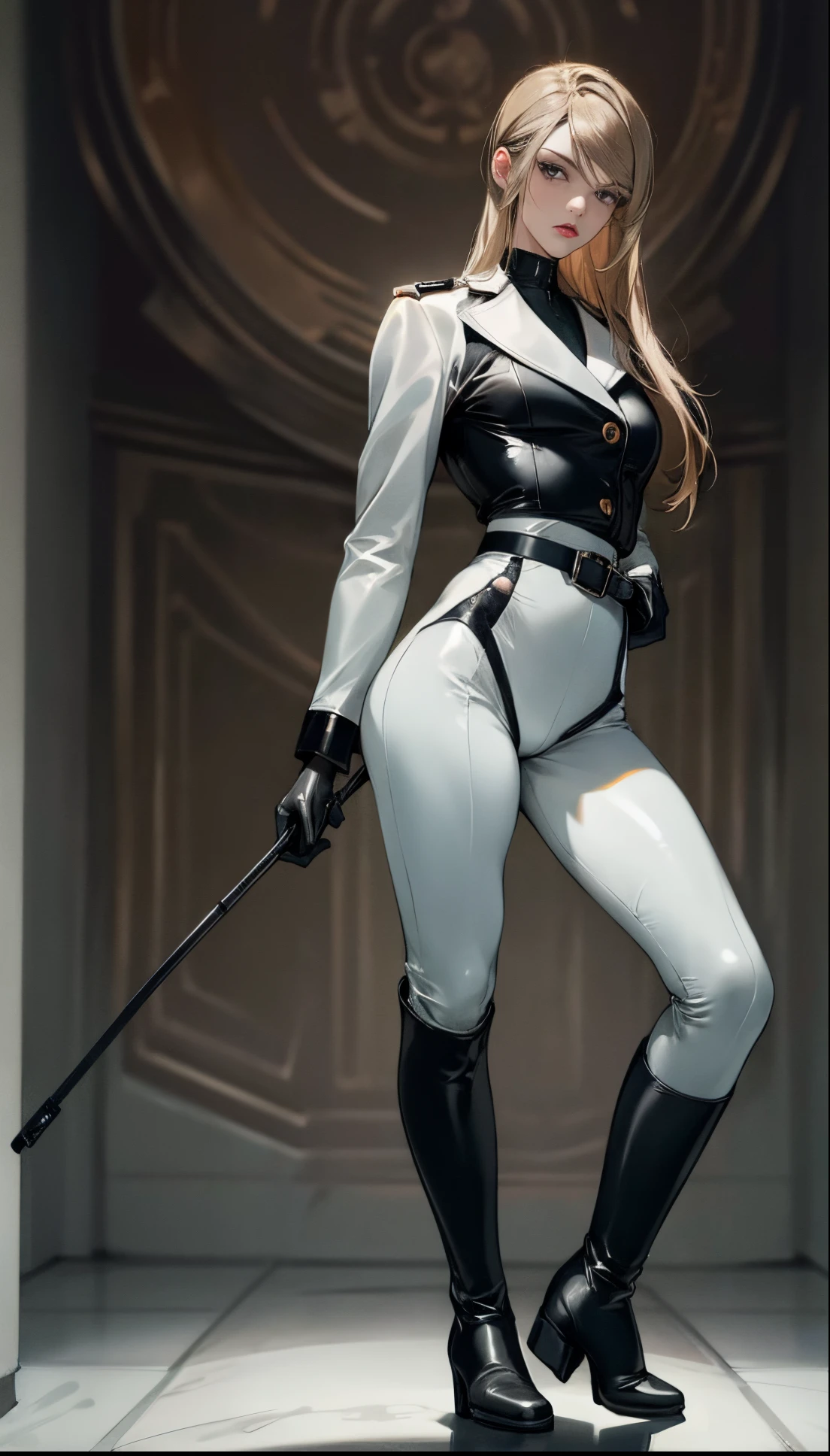 (highest resolution, distinct_image) best quality, a woman, solo, masterpiece, highly detailed, semi realistic, brown hair, bangs, 23 years old, (large breasts:0.5),mature, young, tall strong,(plain and simple uniform),( plain minimalist military uniform),(luxury hotel room background:1.2), cold, serious, tall, handsome, autocratic, powerful, demi-god, exquisite facial features, exquisite facial features, (full body)(black knee-high boots:1.4)(dominatrix:1)(white Yoga pants:1.3),(black leather gloves:1.5)(black active sportswear shirt),(samus),solo,1girl,(looking at viewer),(from below:1.1)(head turned upwards:0.3)(smiling:0.4)(bodysuit:0.1)(holding riding crop:1.2)(muscular:0.85),(black belt:1.3), (shirt tucked in pants),(standing on ground), (marble floor)(mean:0.4)(seductive:0.5)(evil:0.6),detailed,(tall face:0.25)(abs:0.4)(slender:0.5)(bdsm Equipment), (Pale eyes)