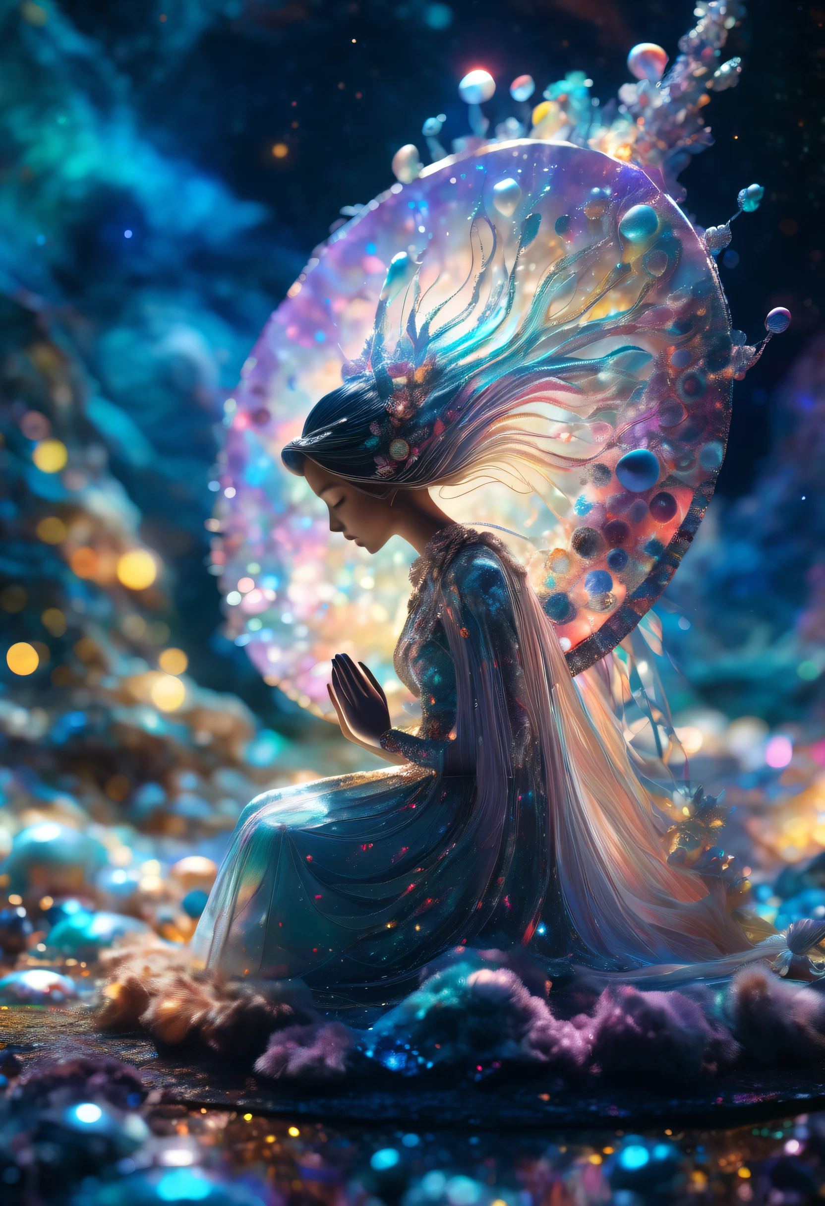 "Girl from the stars, (shimmering fur), celestial antennae, shell of wonder, planetary dreamscape, (cosmic enchantment), surreal artistry, vibrant and alien palette",kneeling, wide shot, f/1.8, bokeh