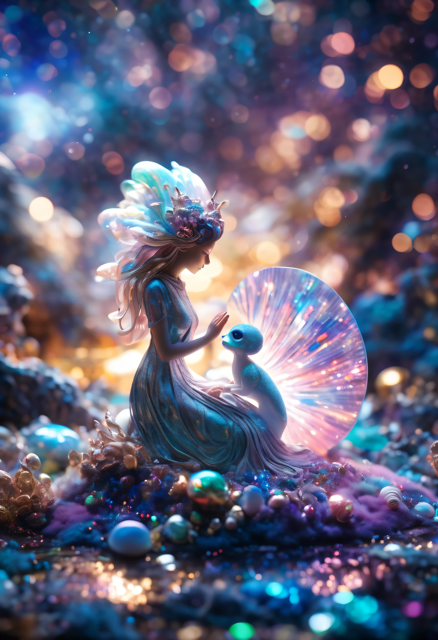 "Girl from the stars, (shimmering fur), celestial antennae, shell of wonder, planetary dreamscape, (cosmic enchantment), surreal artistry, vibrant and alien palette",kneeling, wide shot, f/1.8, bokeh