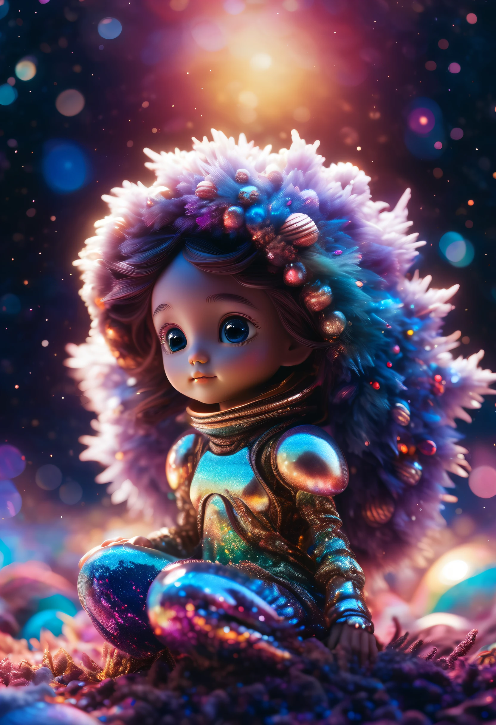 "Young Girl from the stars, (shimmering fur), celestial antennae, shell of wonder, planetary dreamscape, (cosmic enchantment), surreal artistry, vibrant and alien palette",kneeling, wide shot, f/1.8, bokeh