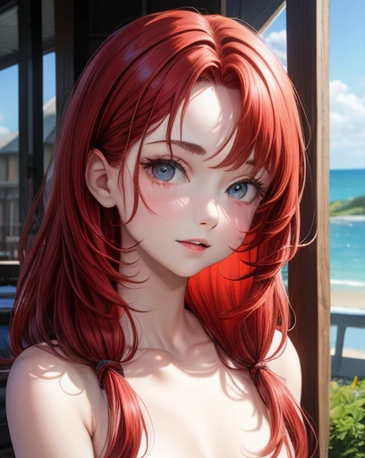 absurdres, high res, ultrasharp, 8K, {masterpiece}, expressive eyes, extremely detailed, best quality, perfect face, erza scarlet, long hair, (red hair:1.5), hair between eyes, (brown eyes:1.7), large breasts, pleased, beach, naked, nude, seductive, contrapposto,