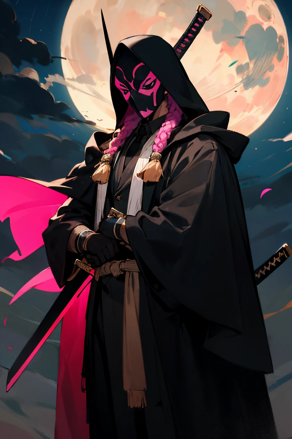 A brown man, fully hooded and in a black overcoat, with his pink dreadlock showing, with a black mask on his face and two short swords in his hands under the moonlight.