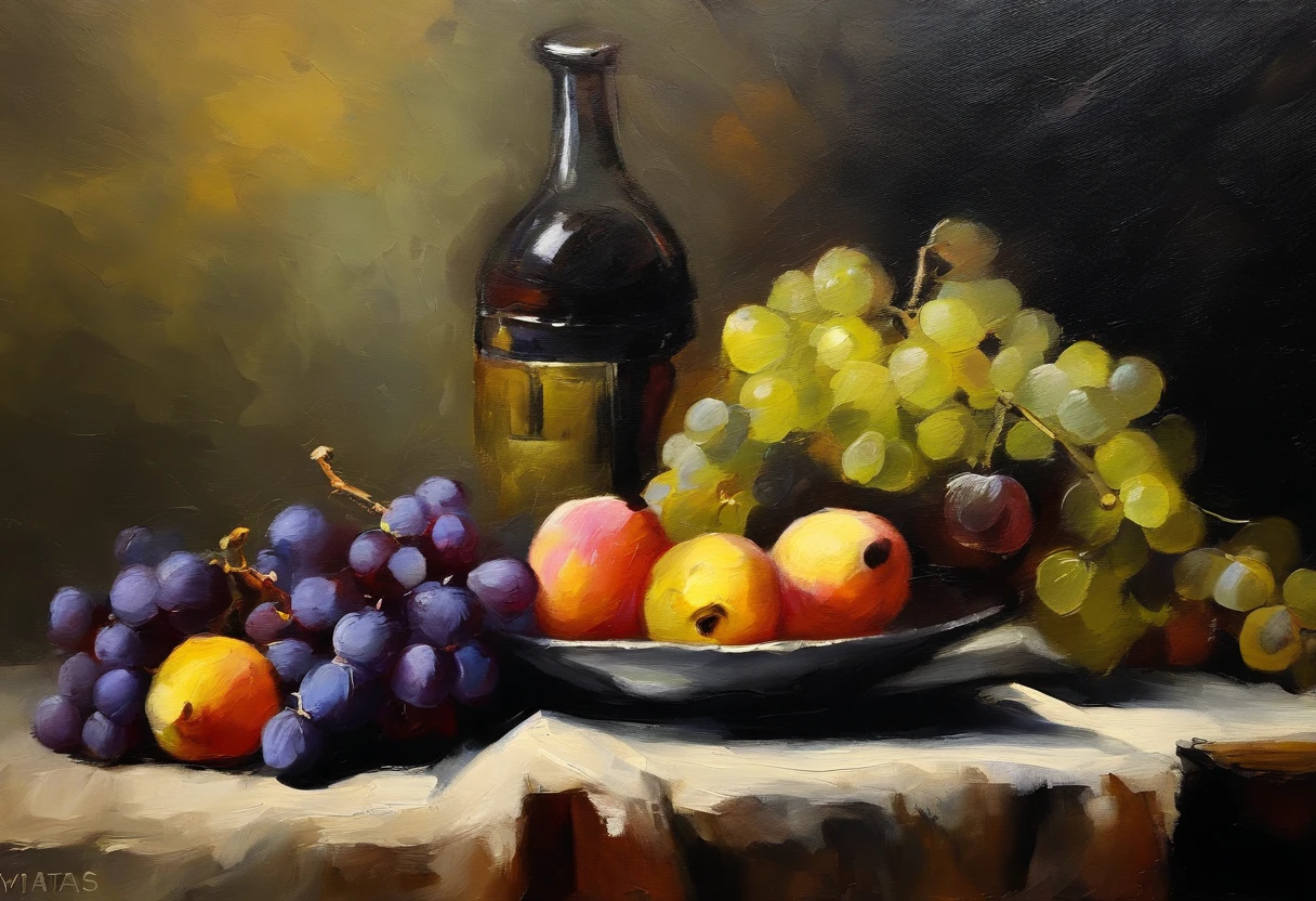(aesthetic,Altas Resoluciones),(La mejor calidad,oils:1.2), still life with grapes and figs, oscuridad, pinceladas pesadas, pinceladas brillantes, textura canvas, fondo negro