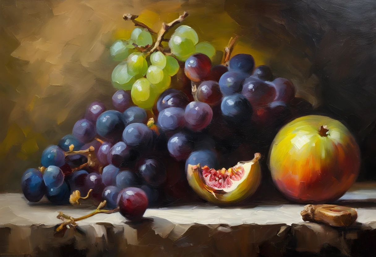 (aesthetic,Altas Resoluciones),(La mejor calidad,oils:1.2), still life with grapes and figs, oscuridad, pinceladas pesadas, pinceladas brillantes, textura canvas, fondo negro