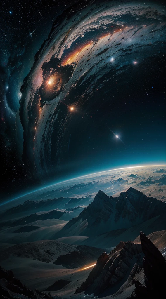 art by jim Lee Panel 1: Caption: Somewhere in space, somewhere in time... Description: A vast cosmic expanse fills the panel, showcasing an array of distant stars and galaxies, emphasizing the vastness of the universe.  Panel 2: Caption: A planet called Symbion... Description: The planet Symbion comes into view, an otherworldly landscape with vibrant colors and unique geological formations.
