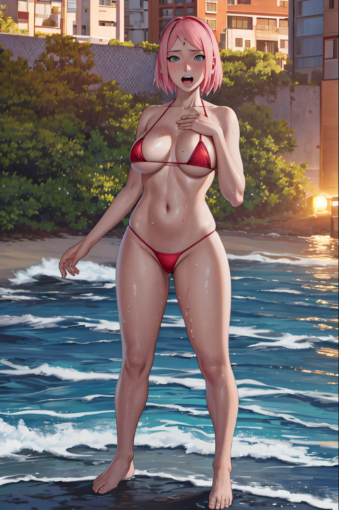 masterpiece, absurd, (intricate details), (colorful), cinematic lighting, bust shot, extremely detailed unit 8k CG wallpaper, 1 girl, haruno sakura, big breasts, bikini micro golden, beach, poolside, wet, open mouth, embarrassment, people watching, big breasts, wet, erect, standing, too hot, micro bikini, micro bikini, hot, sweaty, hot, legs open, without bikini top,  covering breasts with hands, naked top, naked torso, bare chest