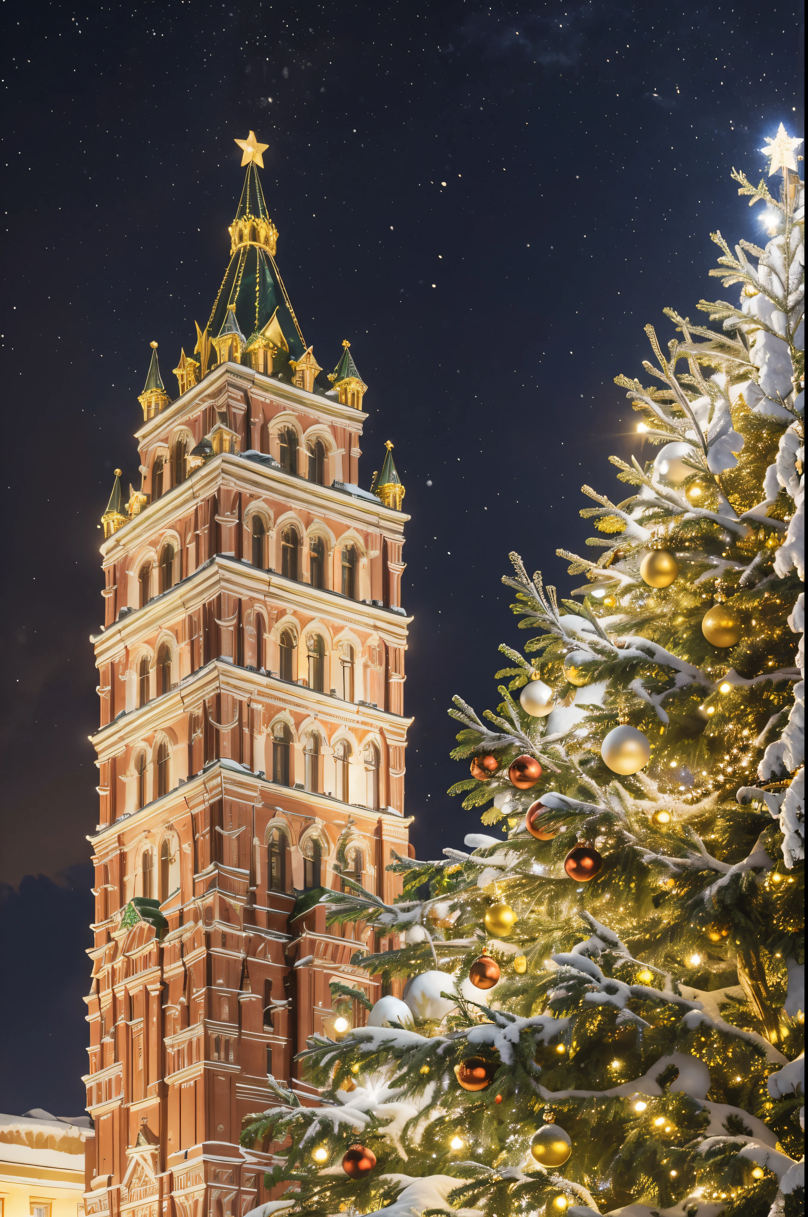 A very detailed image of a cremlin tower and a christmas tree, (cremlin:1.5), Moscow, starry night, (snow:1.2), (christmas balls:1.2), perfect detailed architecture