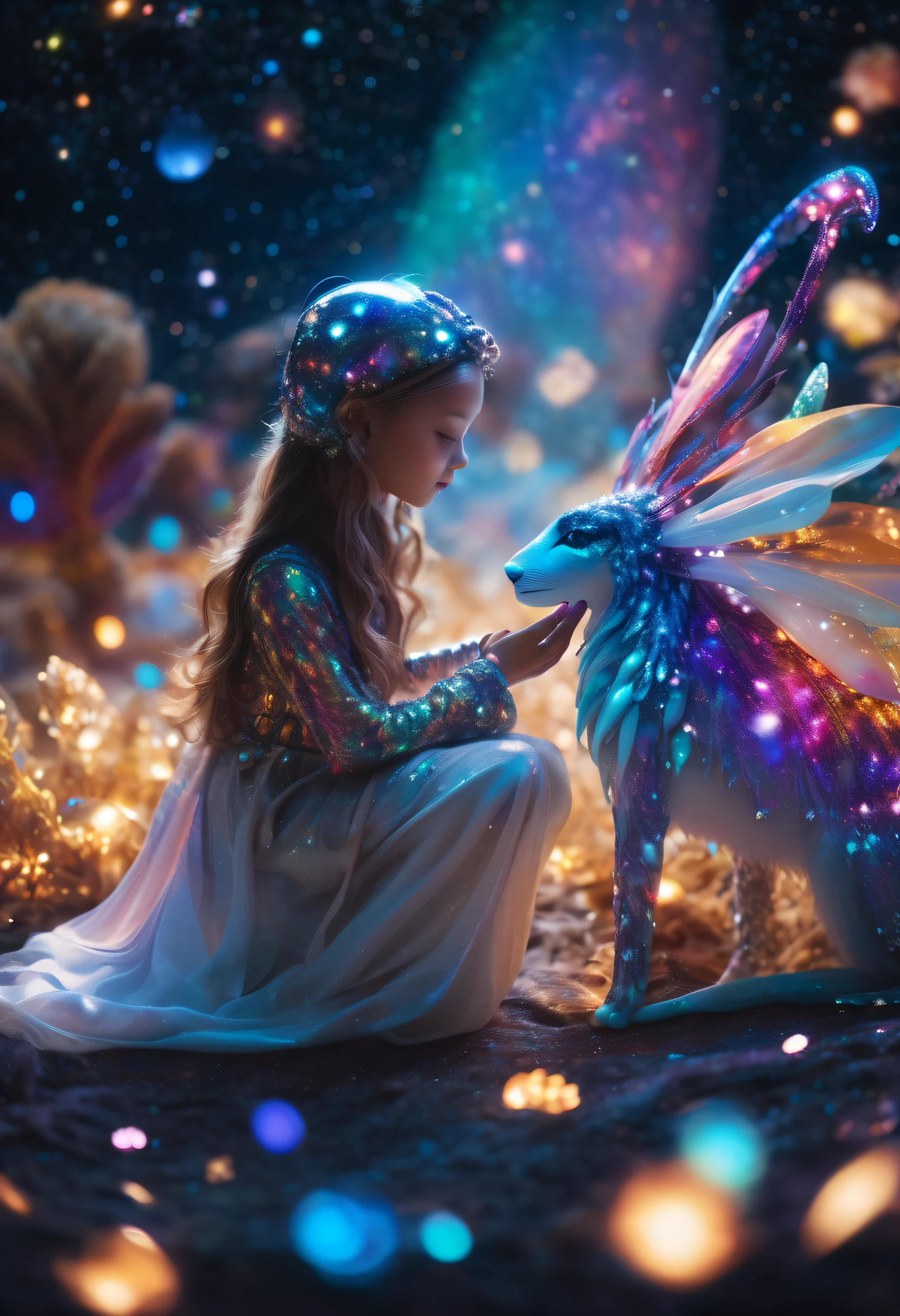 " Girl from the stars, (shimmering fur), celestial antennae, shell of wonder, planetary dreamscape, (cosmic enchantment), surreal artistry, vibrant and alien palette",kneeling, wide shot, f/1.8, bokeh